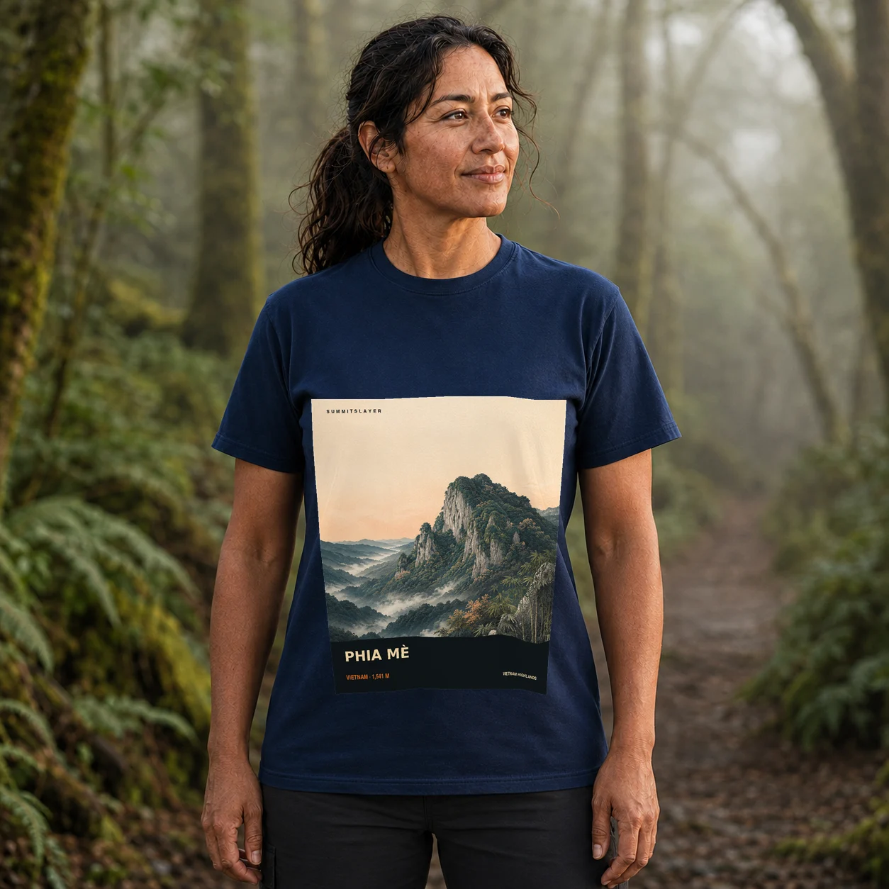 Navy PHIA MÈ T-shirt front with mountain artwork