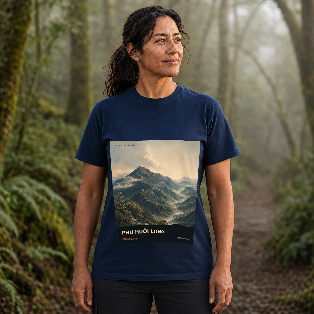 Navy Phu Huổi Long T-shirt front with mountain artwork