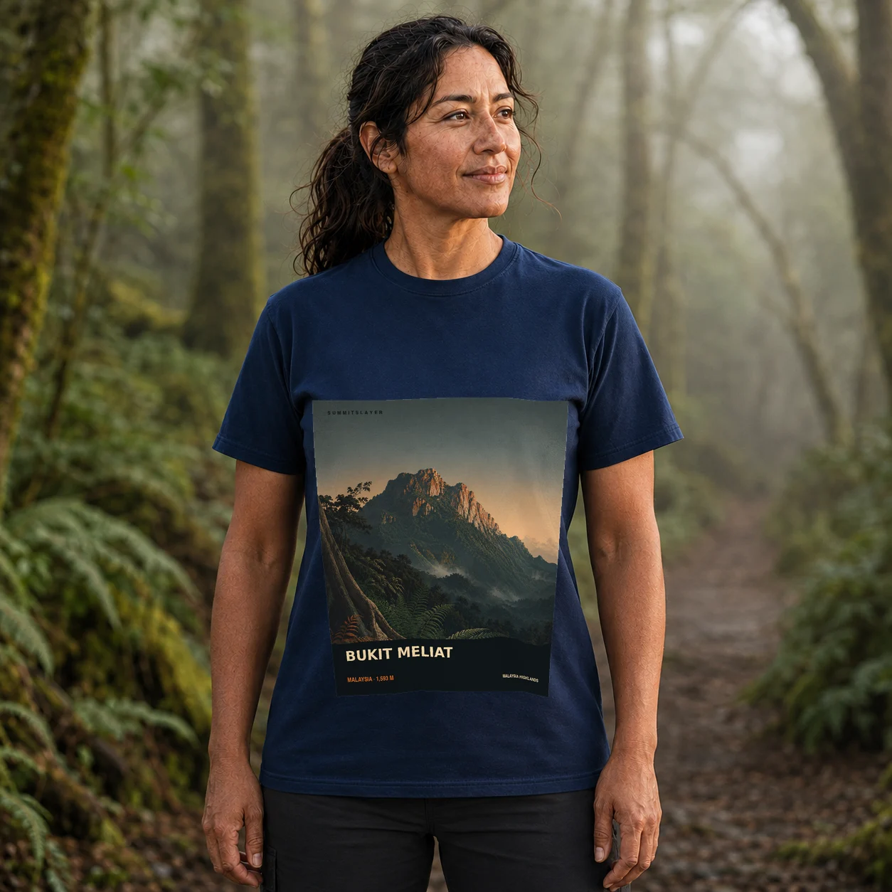 Navy BUKIT MELIAT T-shirt front with mountain artwork