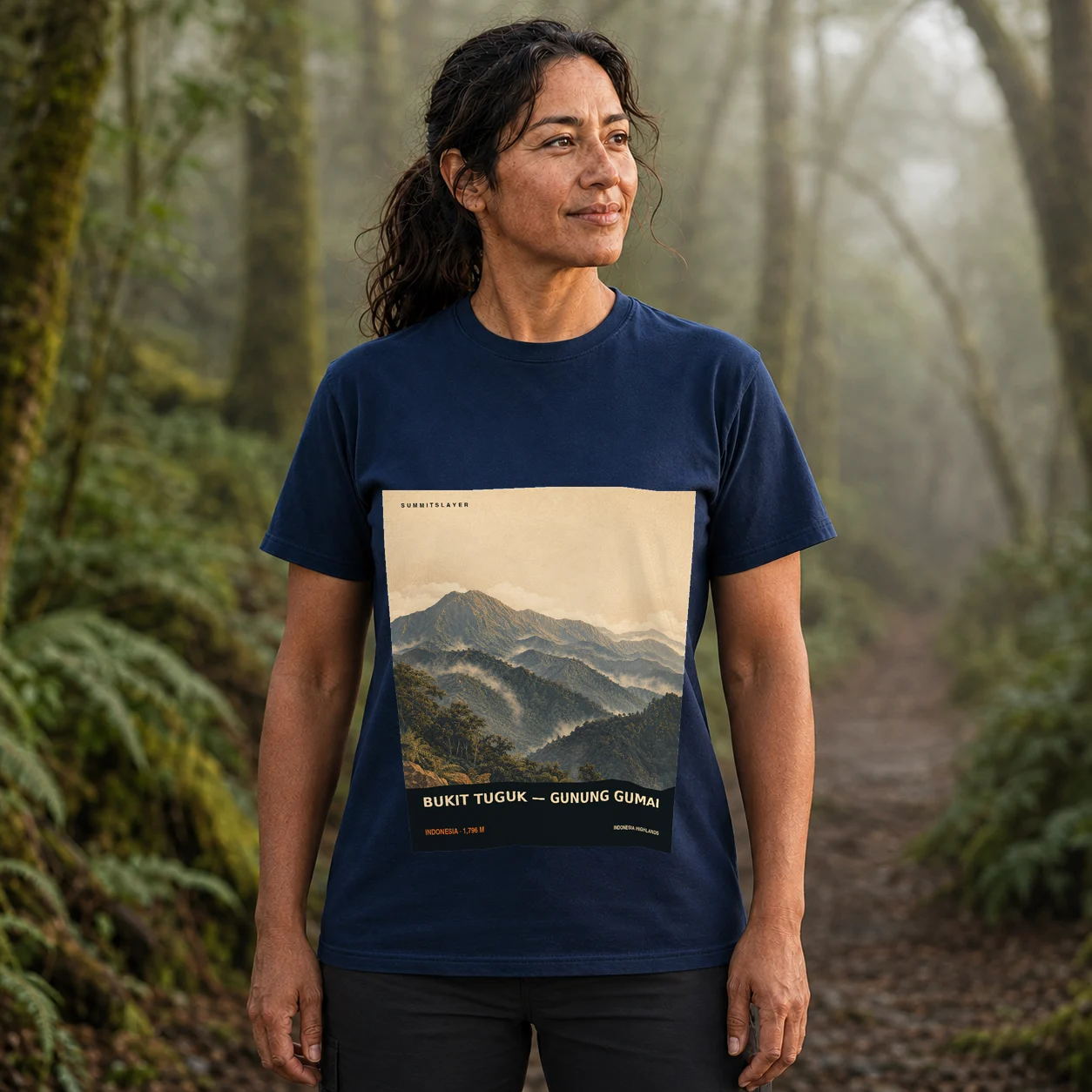 Navy BUKIT TUGUK — GUNUNG GUMAI T-shirt front with mountain artwork
