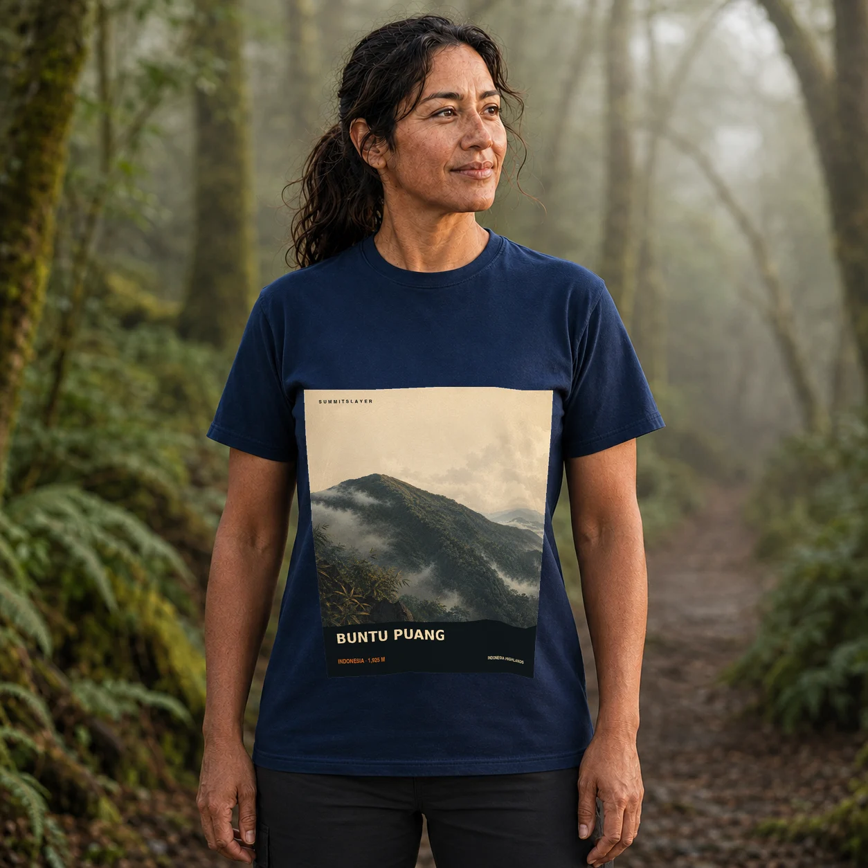 Navy Buntu Puang T-shirt front with mountain artwork