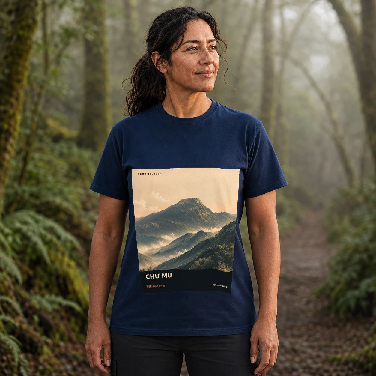 Navy Chư Mư T-shirt front with mountain artwork