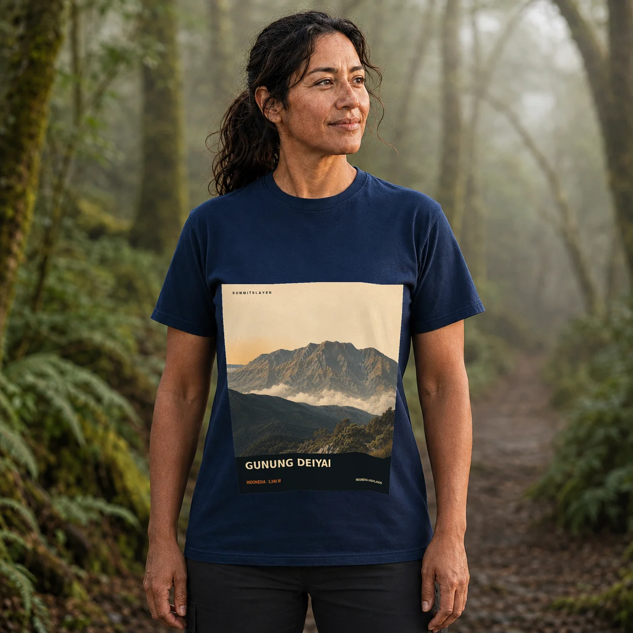 Navy GUNUNG DEIYAI T-shirt front with mountain artwork