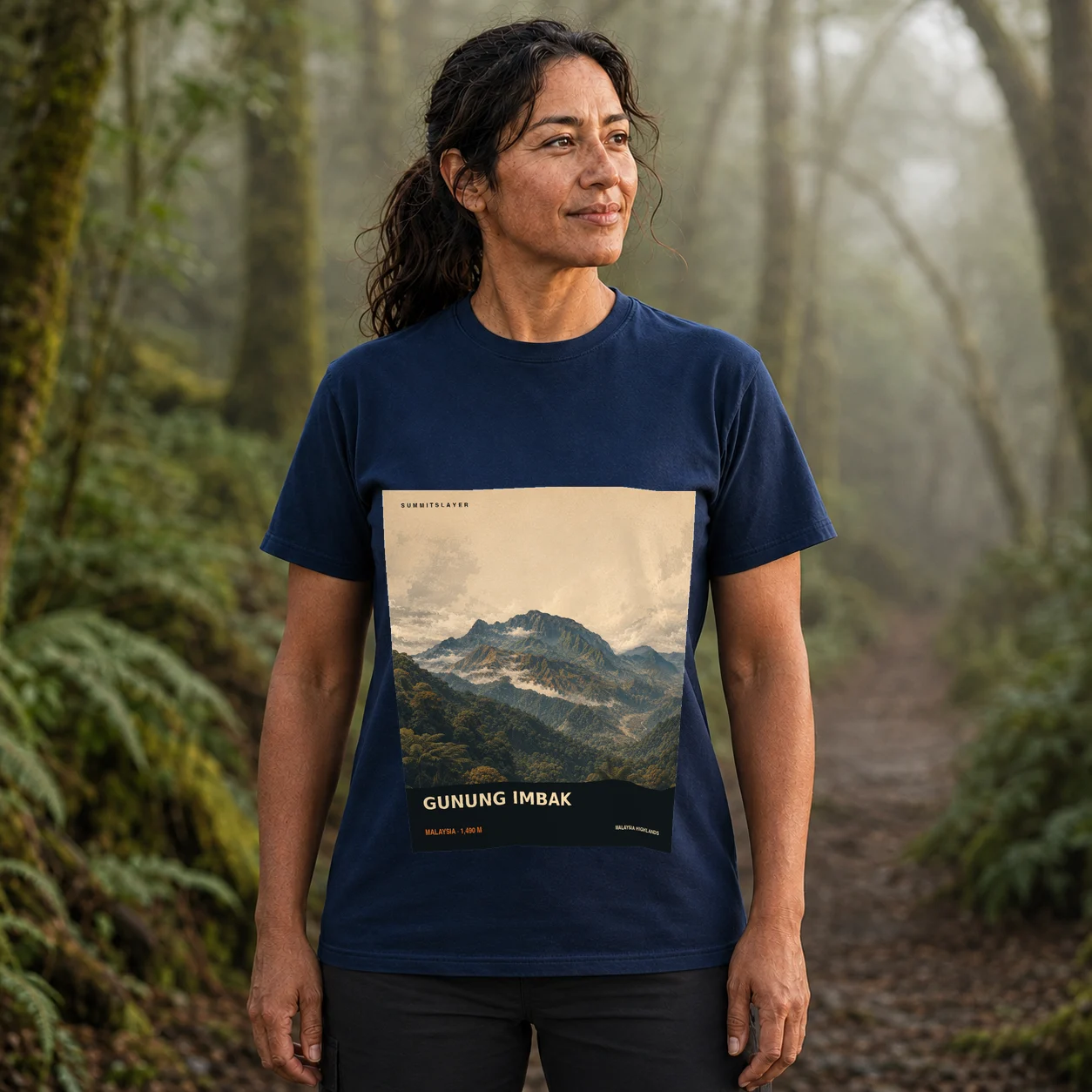 Navy GUNUNG IMBAK T-shirt front with mountain artwork
