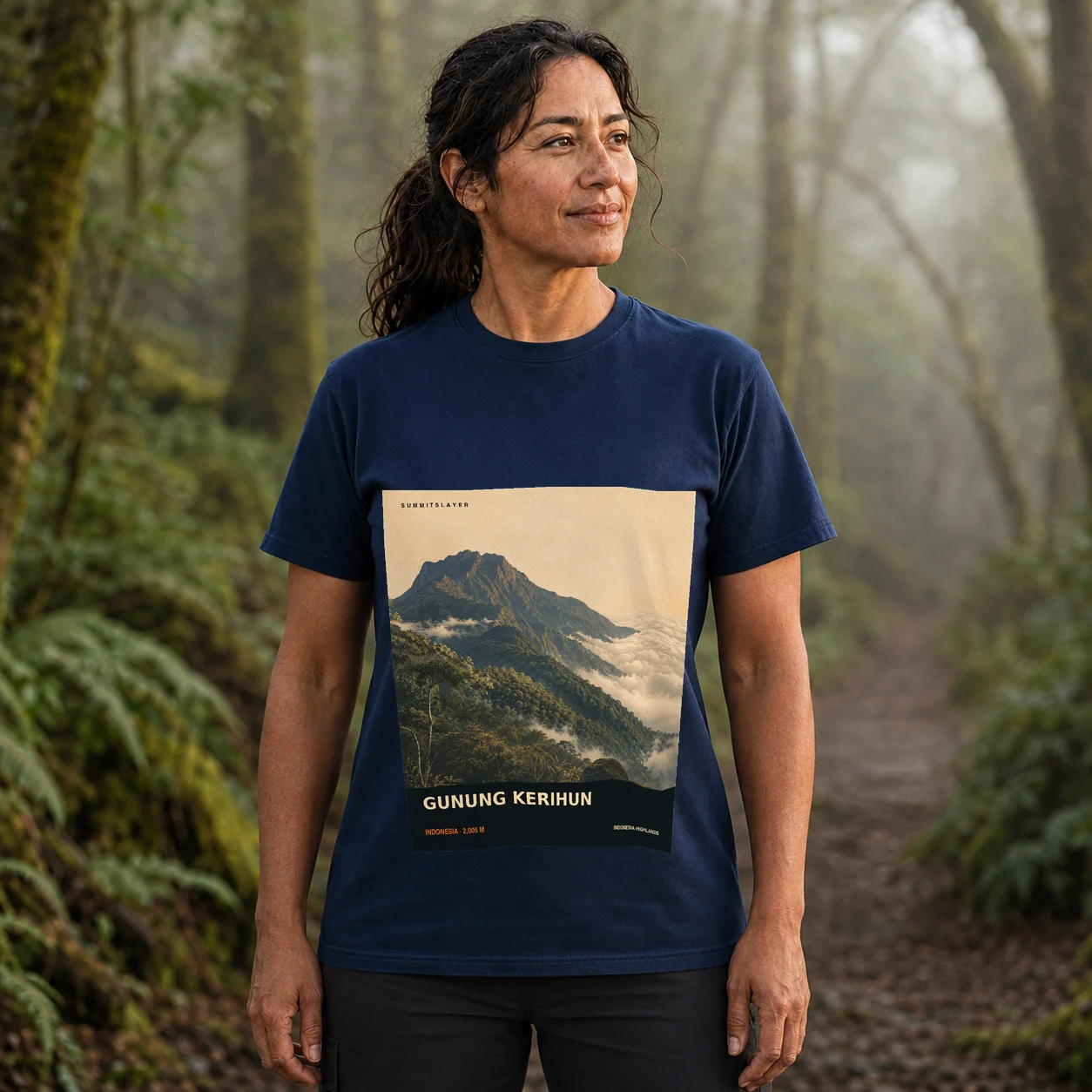 Navy GUNUNG KERIHUN T-shirt front with mountain artwork