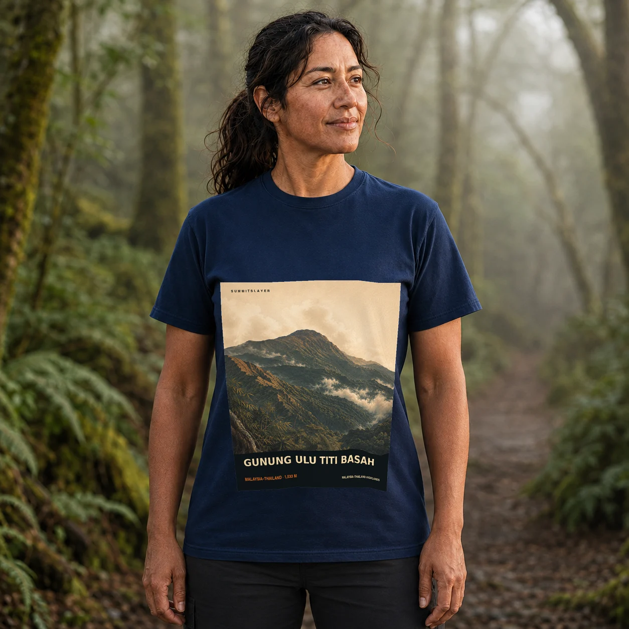 Navy GUNUNG ULU TITI BASAH T-shirt front with mountain artwork