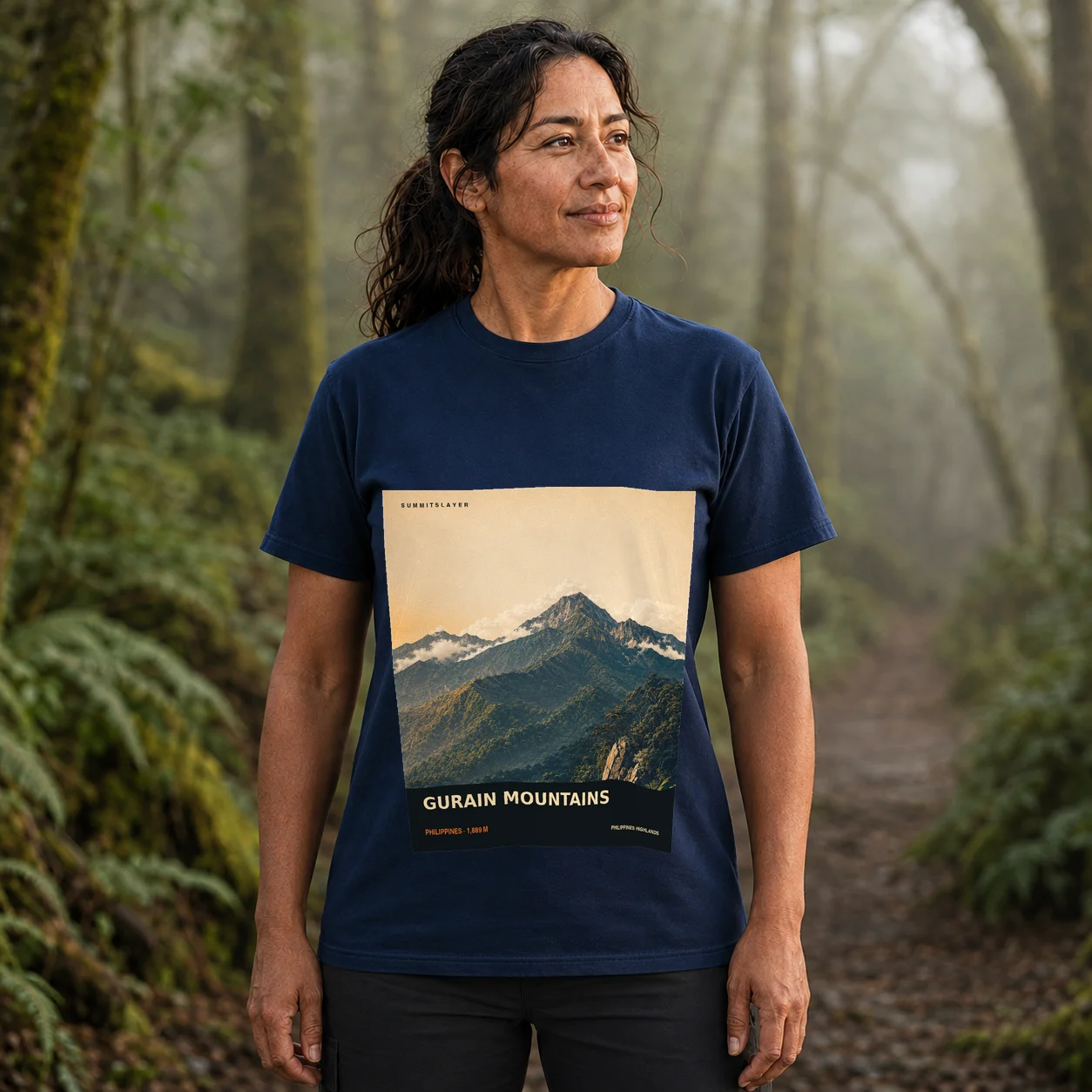 Navy GURAIN MOUNTAINS T-shirt front with mountain artwork