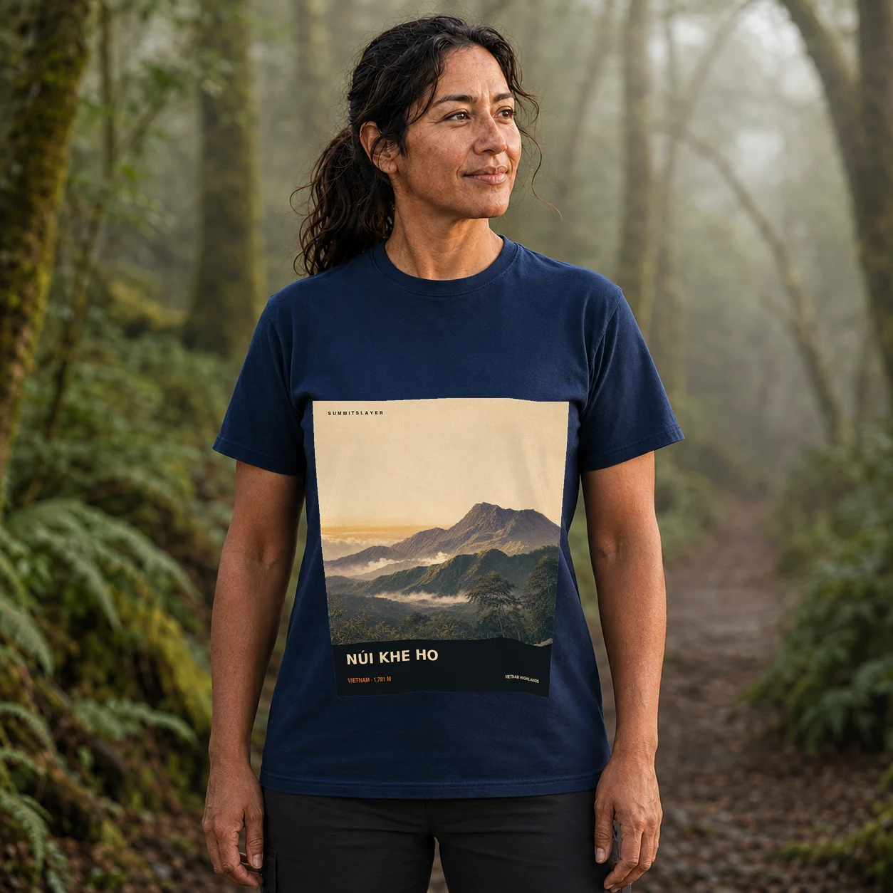 Navy Núi Khe Ho T-shirt front with mountain artwork