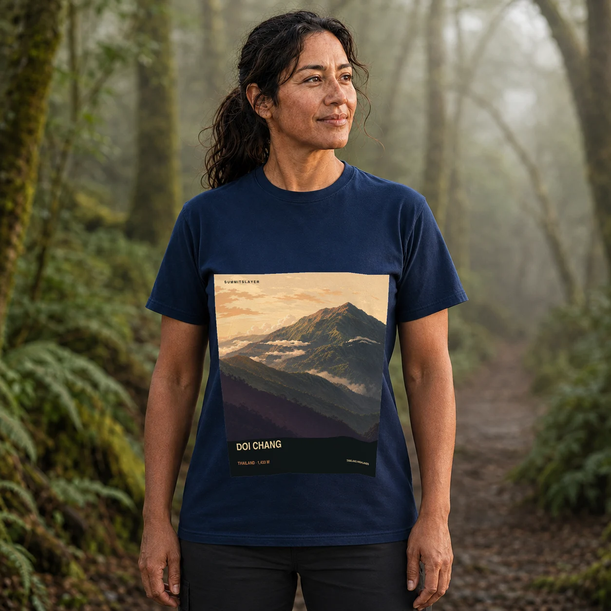 Navy Doi Chang T-shirt front with mountain artwork