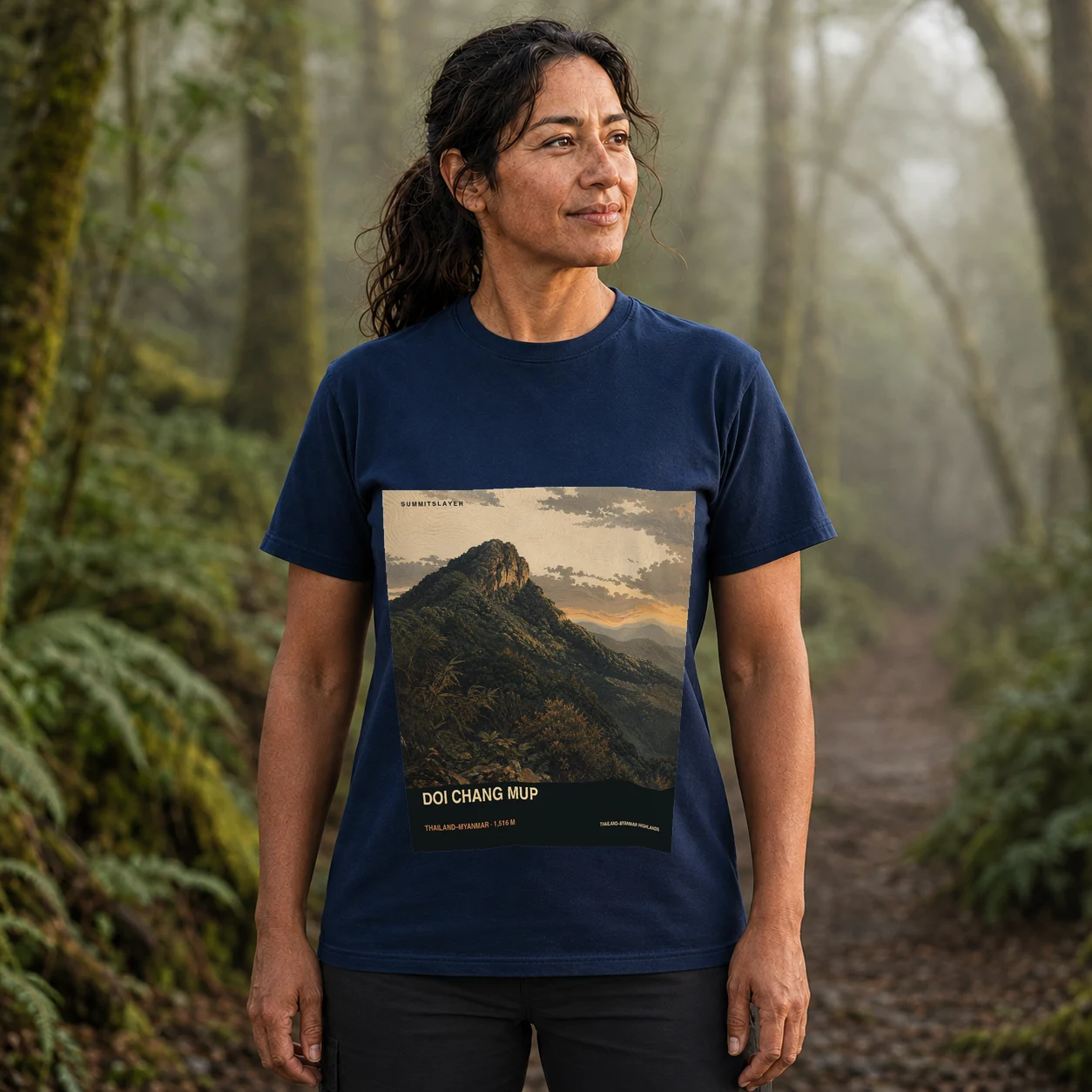Navy Doi Chang Mup T-shirt front with mountain artwork