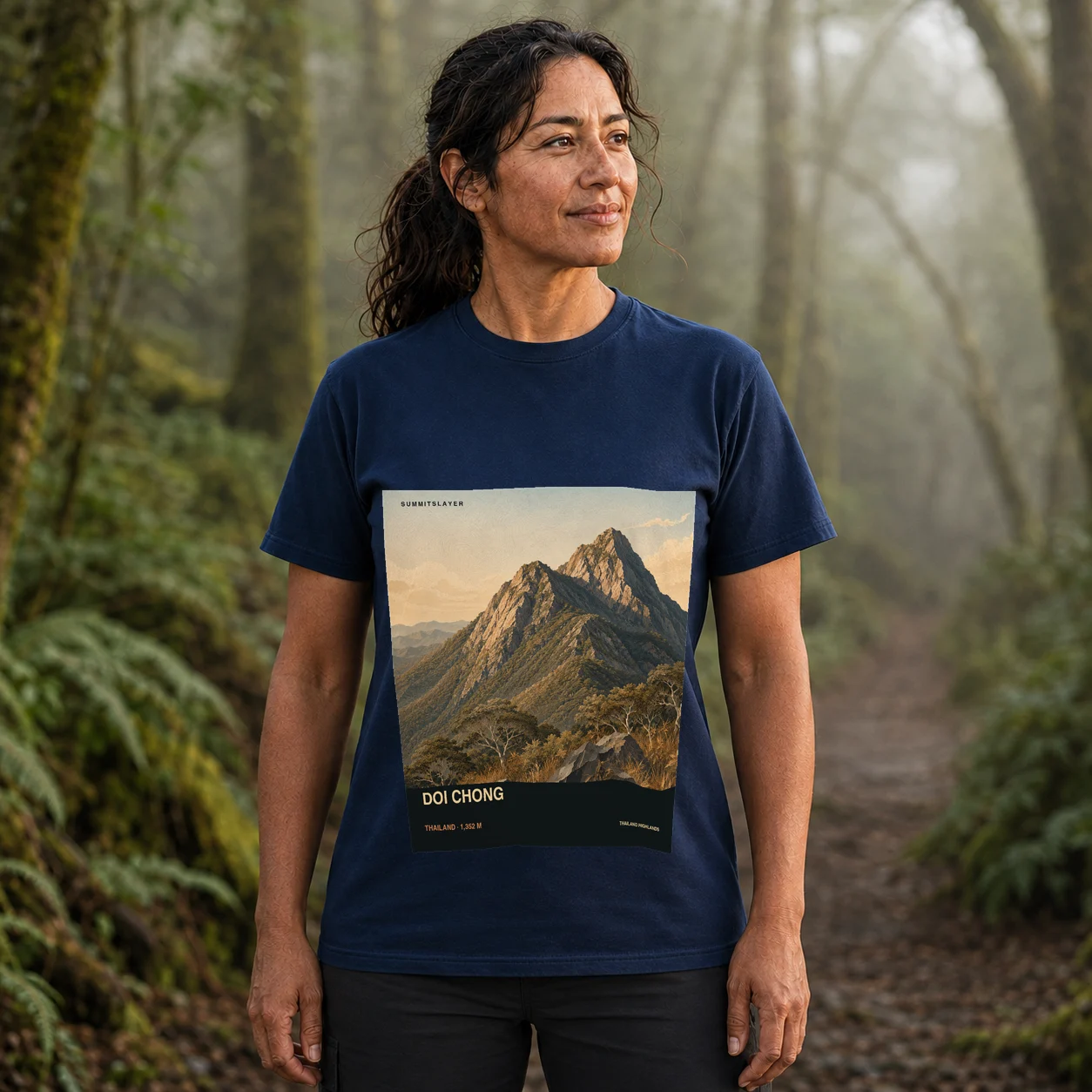 Navy Doi Chong T-shirt front with mountain artwork