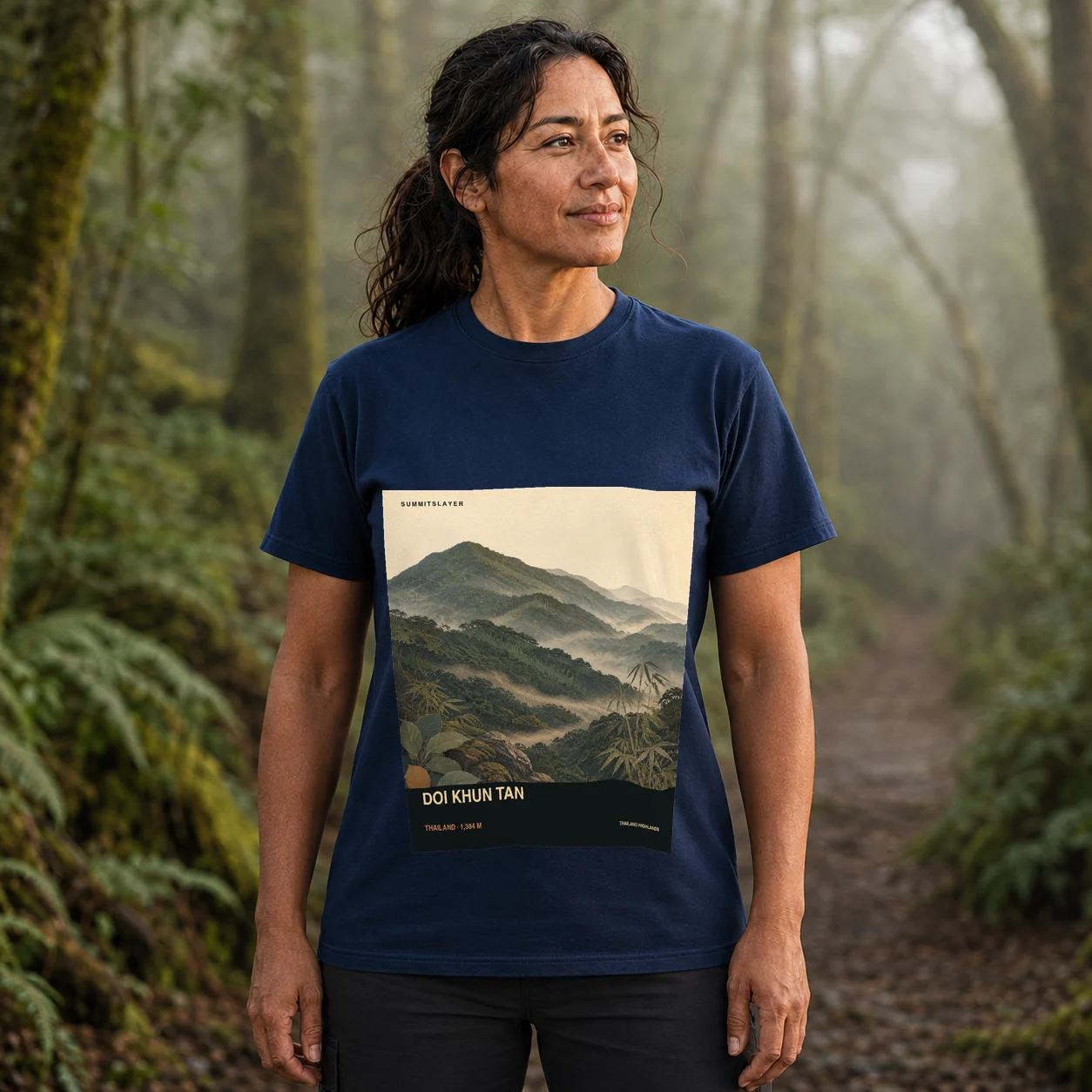 Navy Doi Khun Tan T-shirt front with mountain artwork