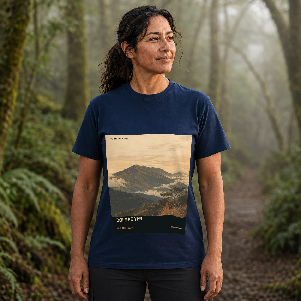 Navy Doi Mae Yen T-shirt front with mountain artwork