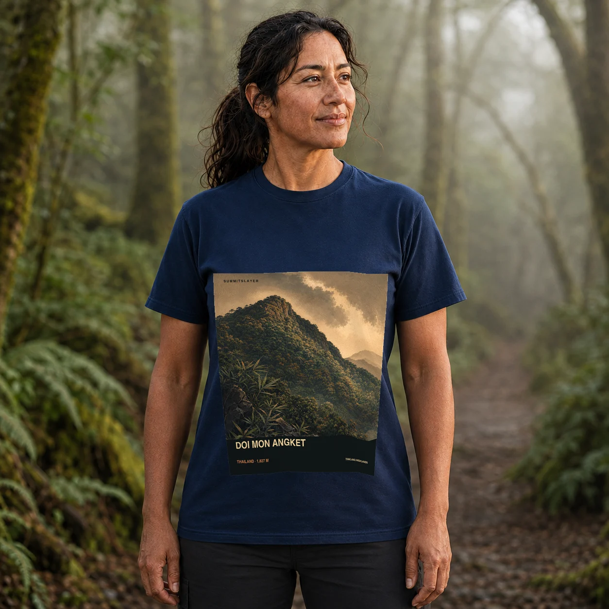 Navy Doi Mon Angket T-shirt front with mountain artwork