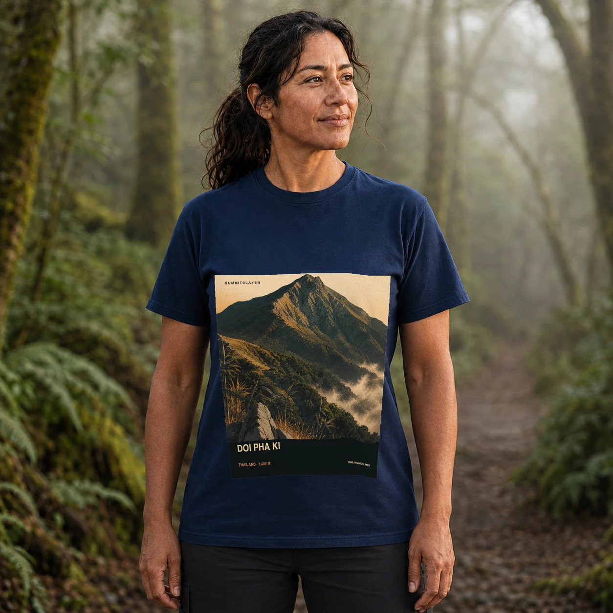 Navy Doi Pha Ki T-shirt front with mountain artwork