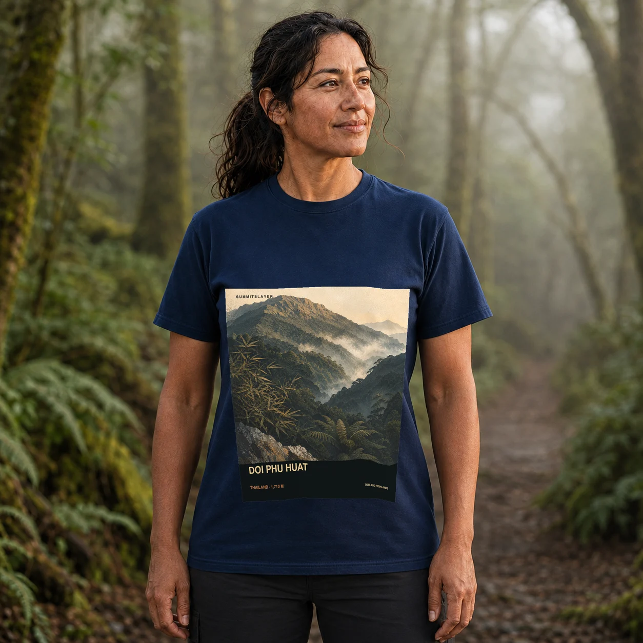 Navy Doi Phu Huat T-shirt front with mountain artwork