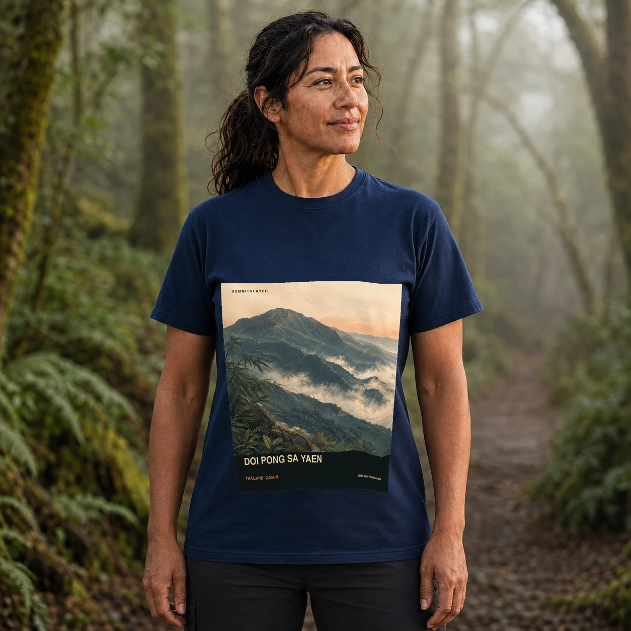 Navy Doi Pong Sa Yaen T-shirt front with mountain artwork
