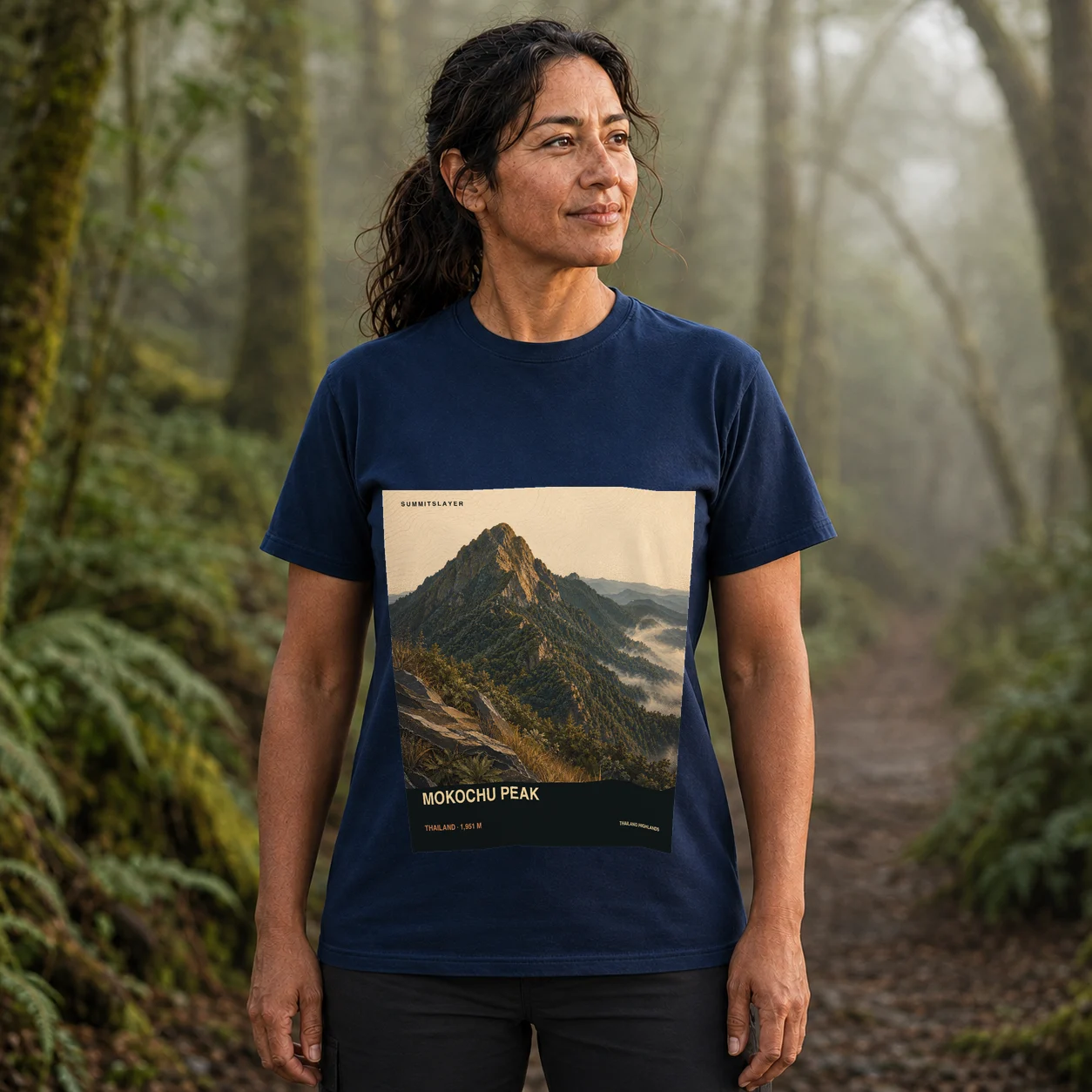 Navy Khao Mokochu T-shirt front with mountain artwork
