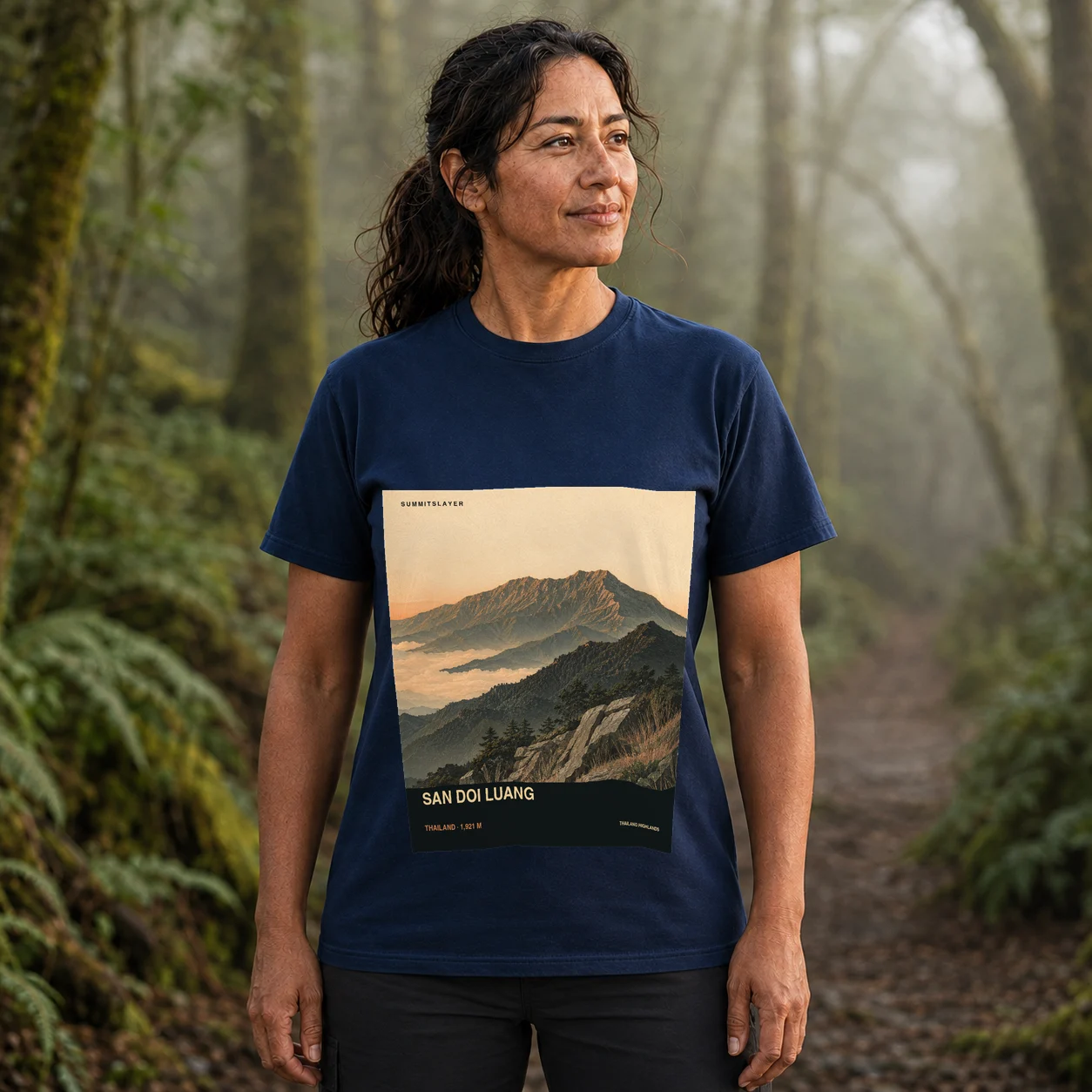 Navy San Doi Luang T-shirt front with mountain artwork