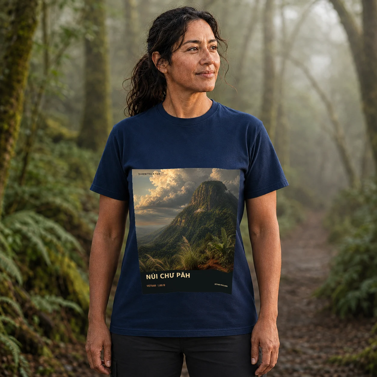 Navy Chư Pa T-shirt front with mountain artwork