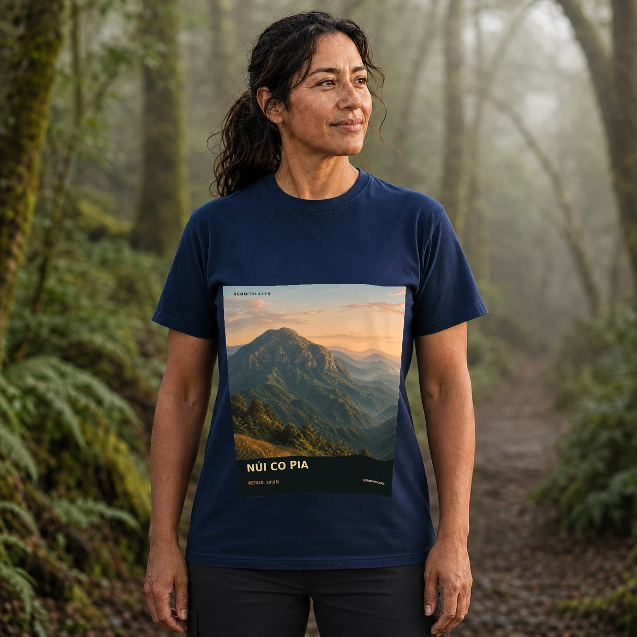 Navy Co Pia T-shirt front with mountain artwork