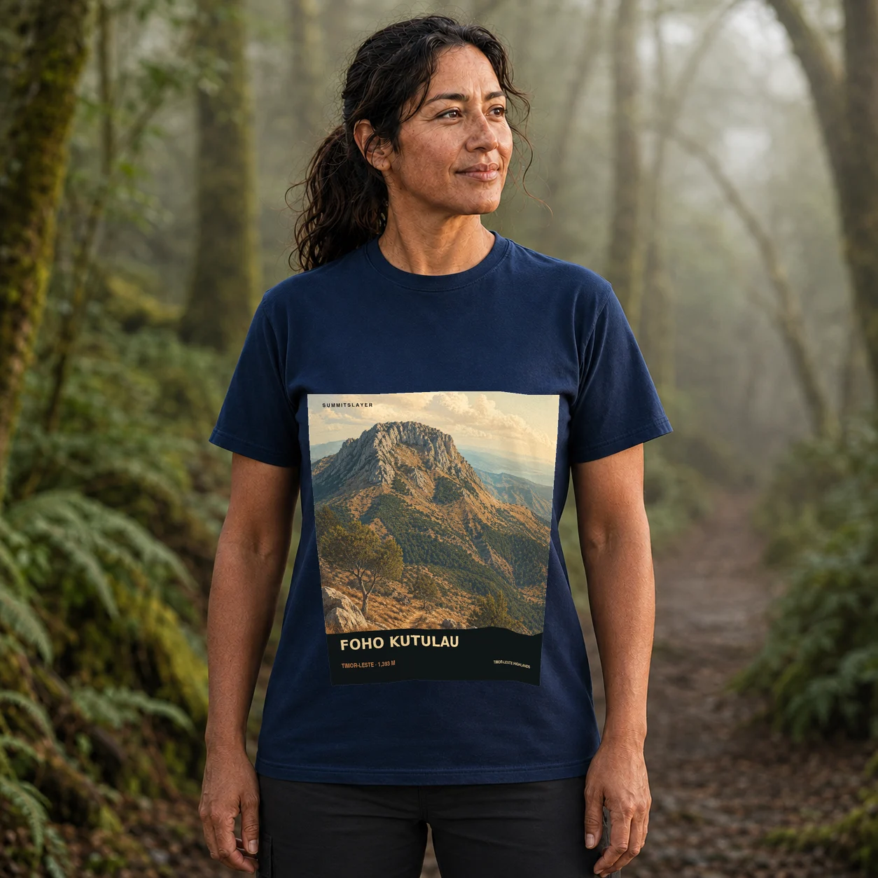 Navy Foho Kutulau T-shirt front with mountain artwork