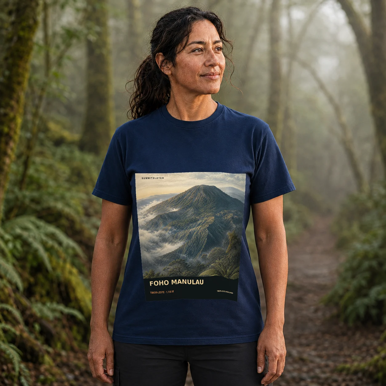 Navy Foho Manulau T-shirt front with mountain artwork