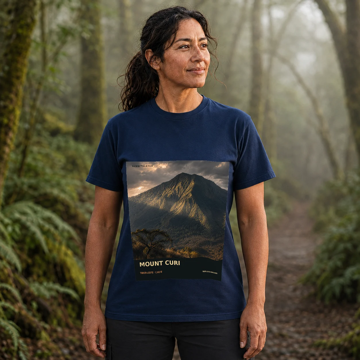Navy Gunung Curi T-shirt front with mountain artwork
