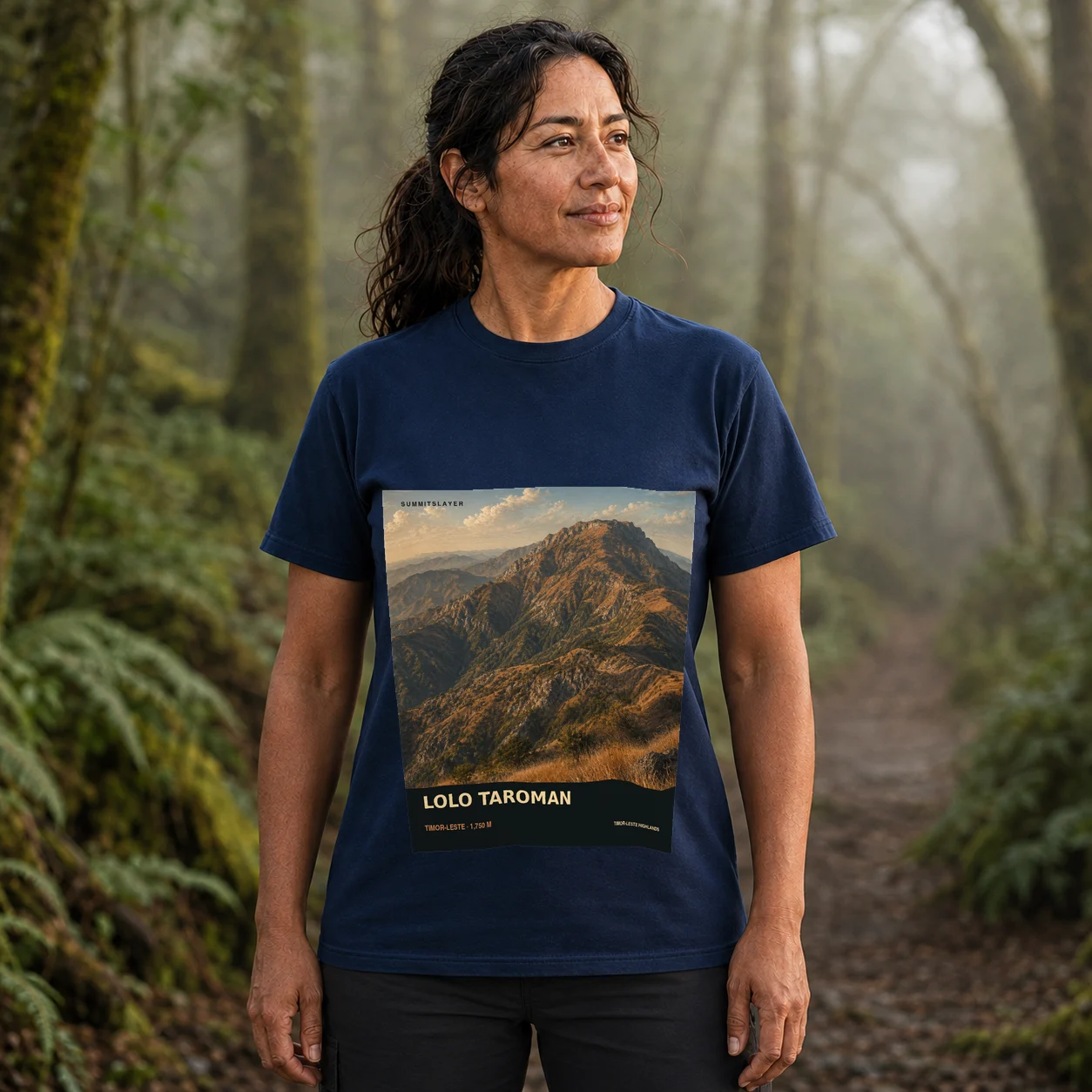 Navy Mount Taroman T-shirt front with mountain artwork
