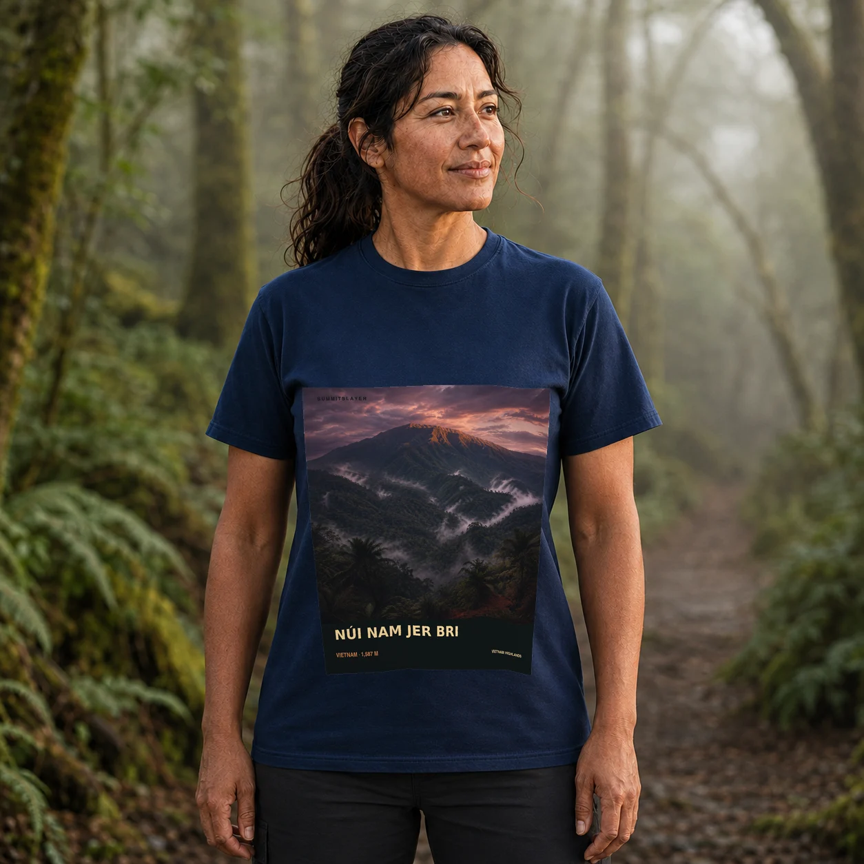 Navy Nam Jer Bri T-shirt front with mountain artwork