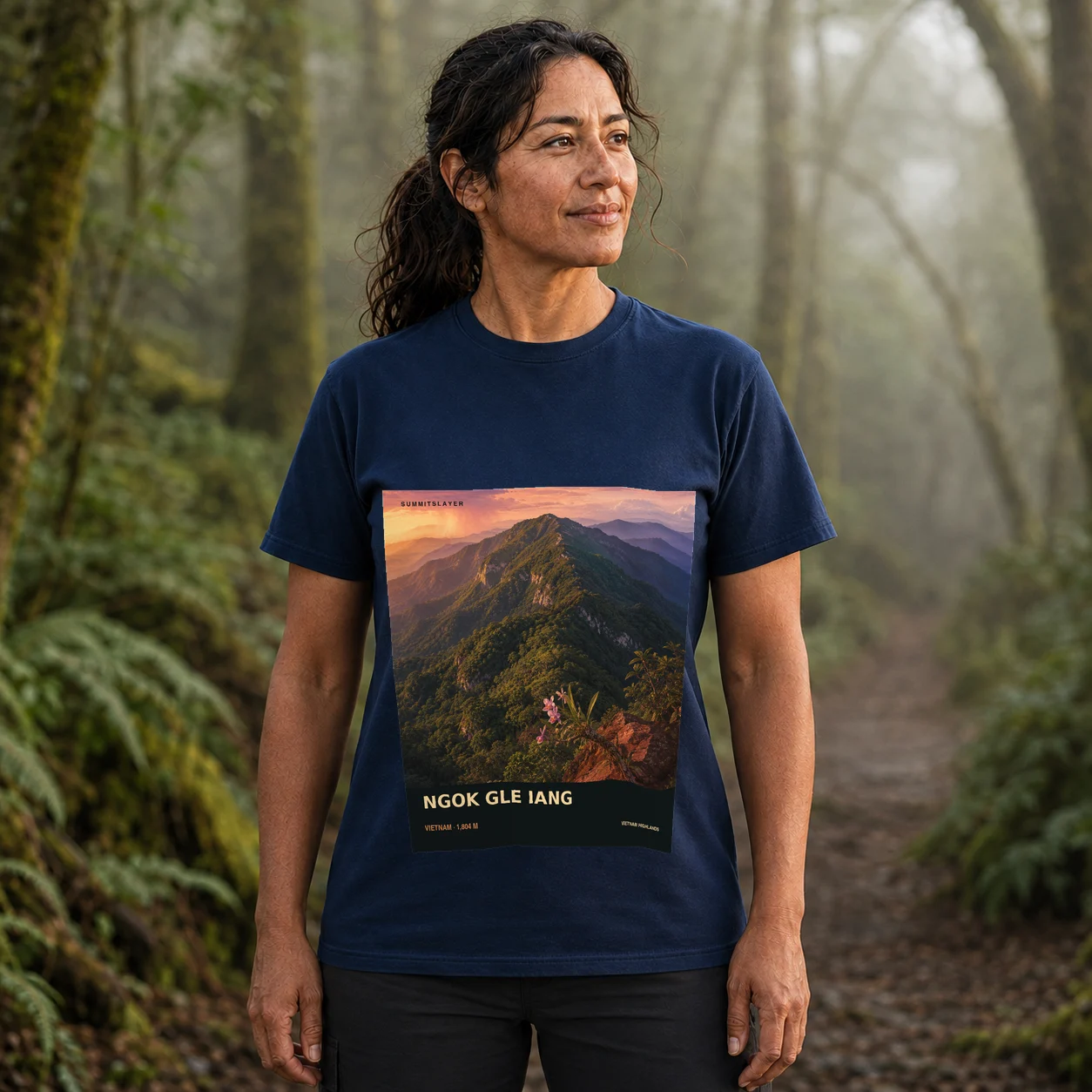 Navy Ngok Gle Iang T-shirt front with mountain artwork