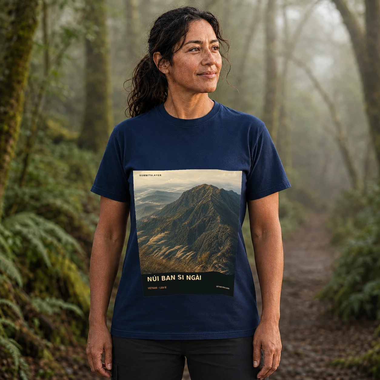 Navy Núi Ban Si Ngài T-shirt front with mountain artwork