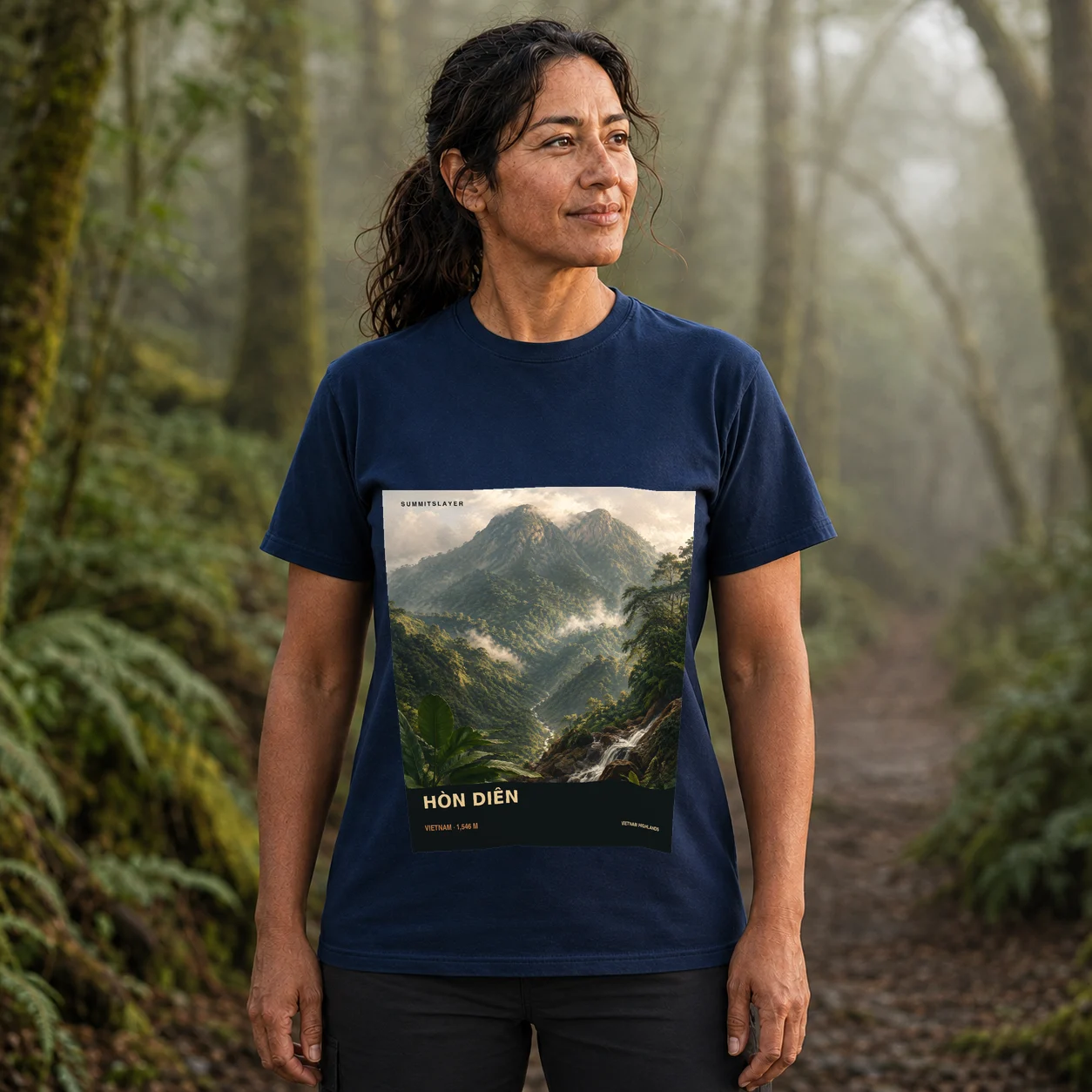 Navy Núi Hòn Diên T-shirt front with mountain artwork