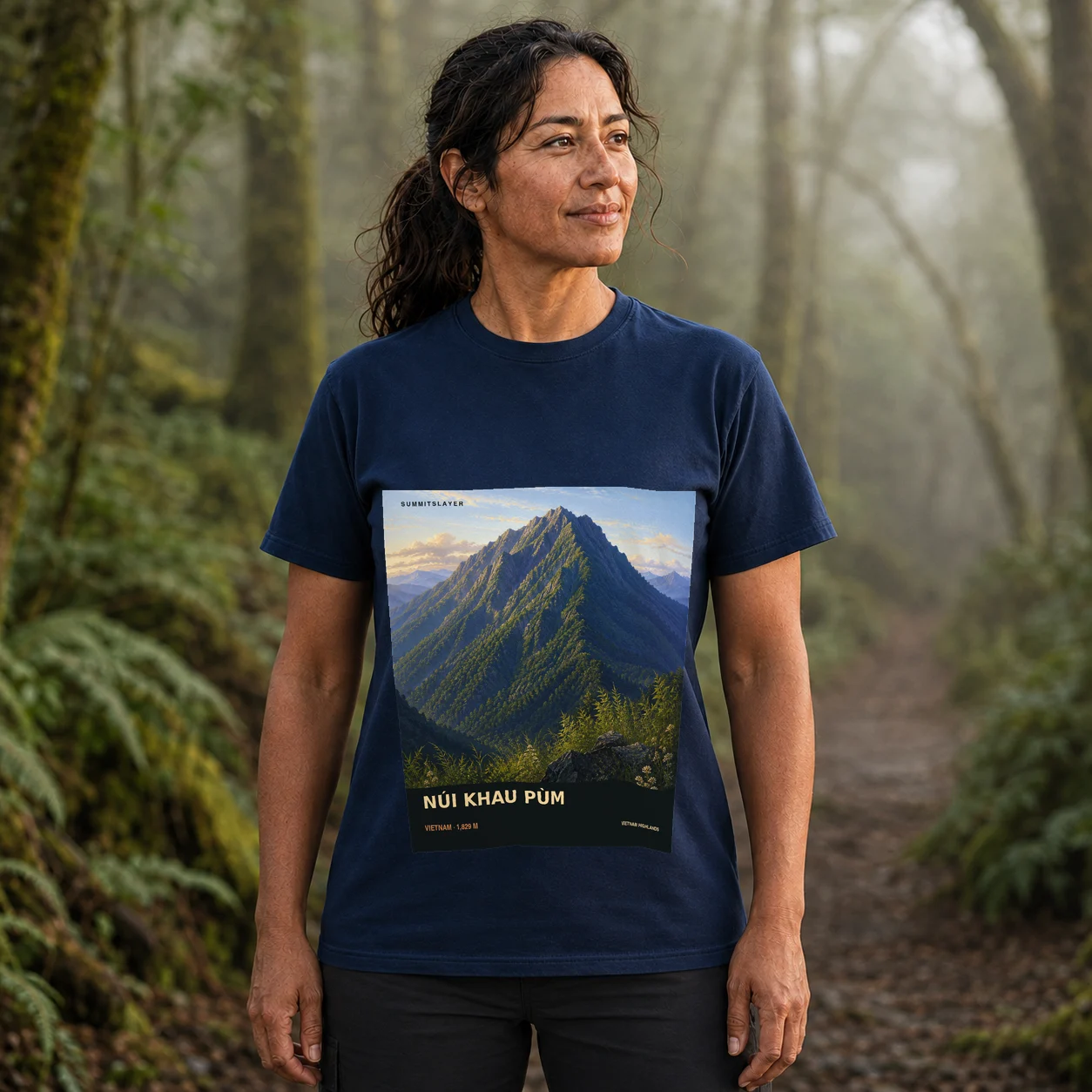 Navy Núi Khau Pùm T-shirt front with mountain artwork