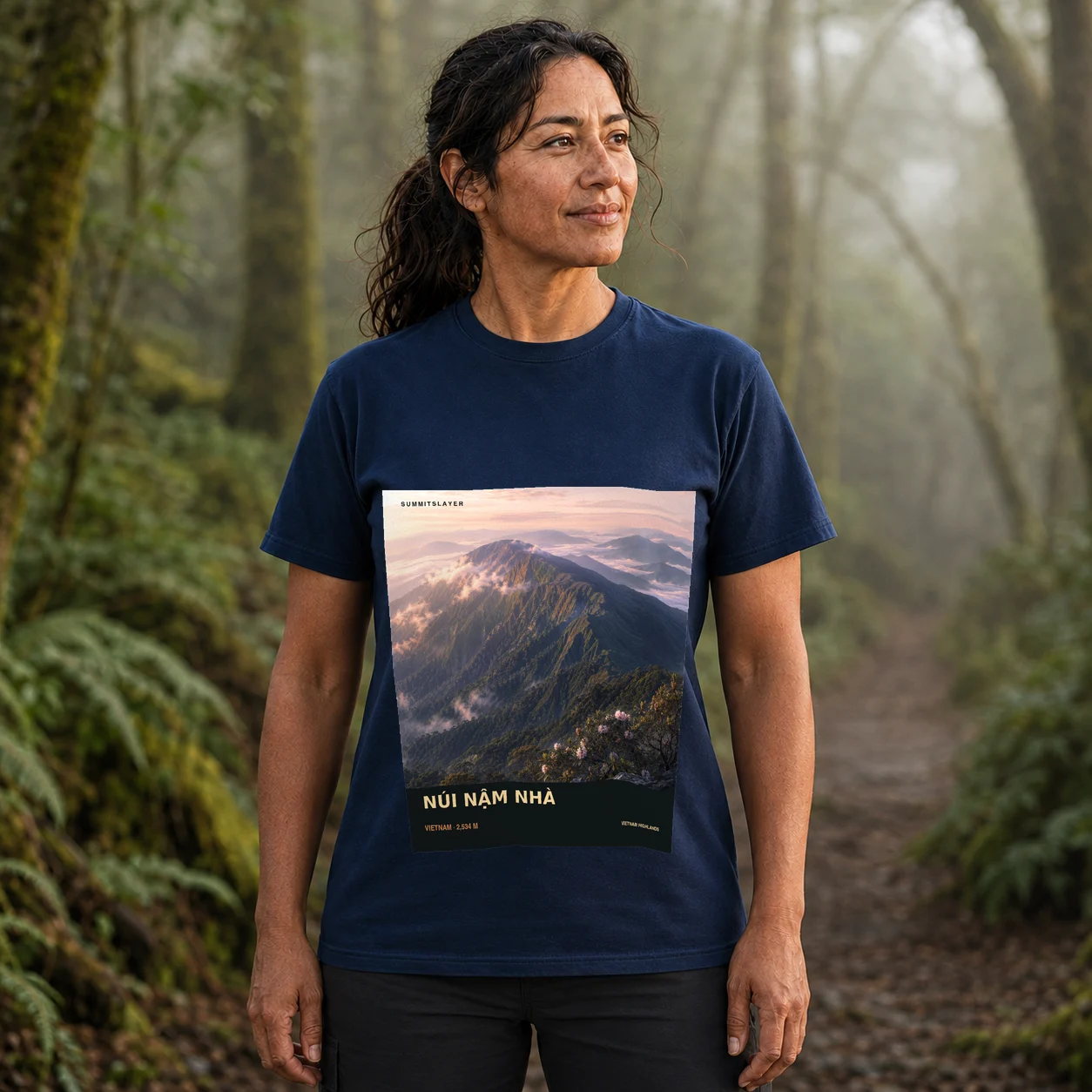 Navy Núi Nậm Nhà T-shirt front with mountain artwork