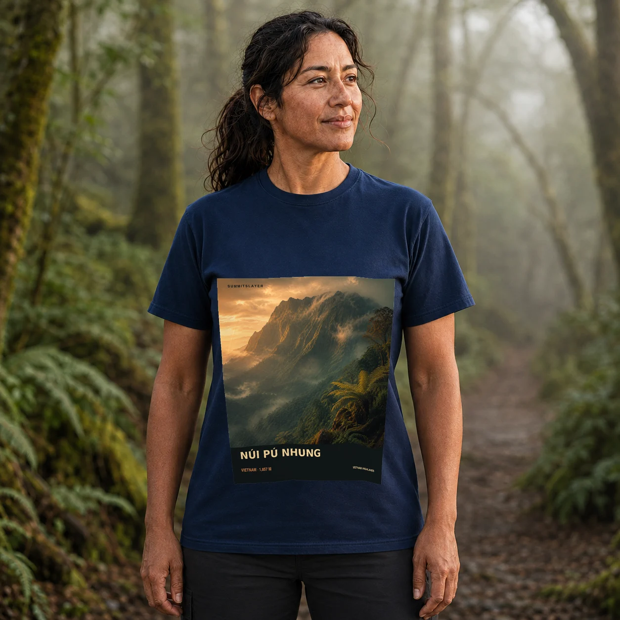 Navy Núi Pú Nhung T-shirt front with mountain artwork