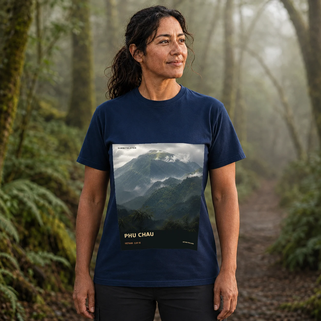 Navy Phu Chau T-shirt front with mountain artwork