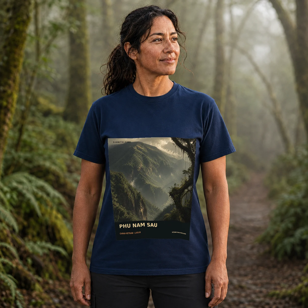 Navy Phu Nằm Sau T-shirt front with mountain artwork