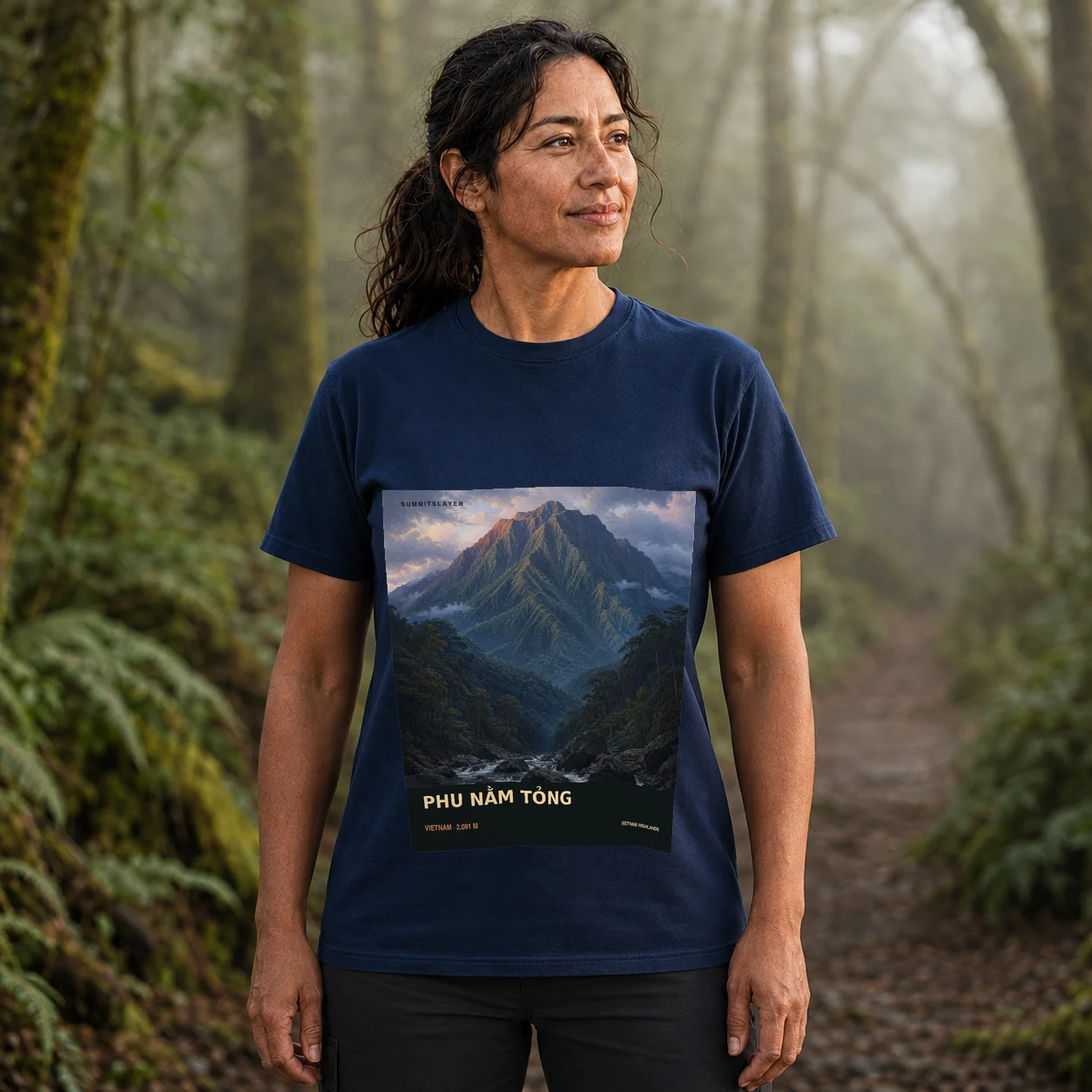 Navy Phu Nằm Tỏng T-shirt front with mountain artwork