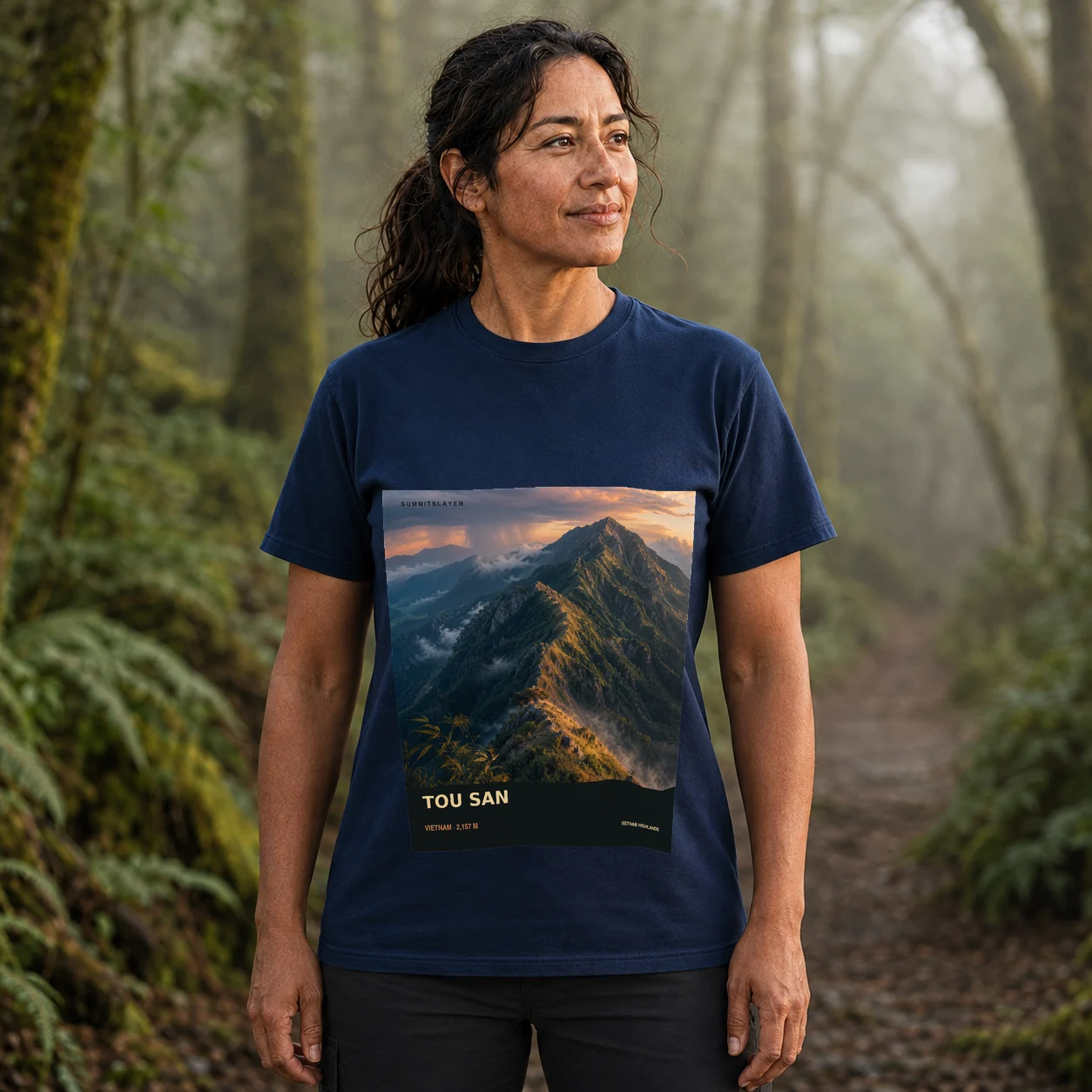 Navy Tou San T-shirt front with mountain artwork