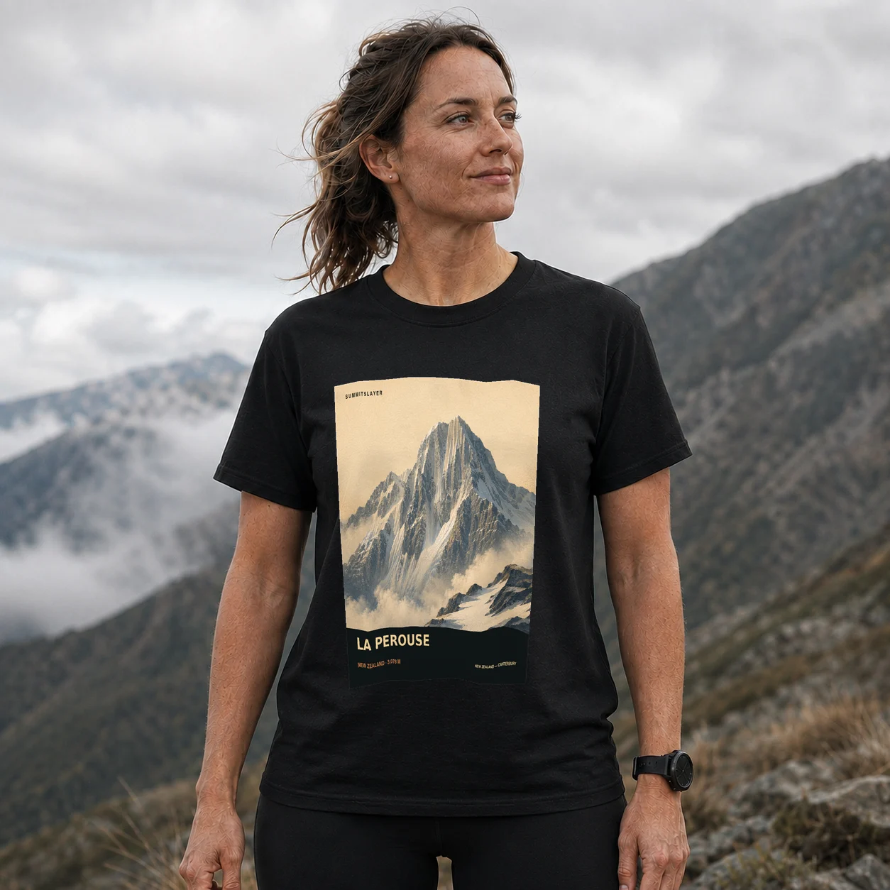 Black La Perouse T-shirt front with mountain artwork