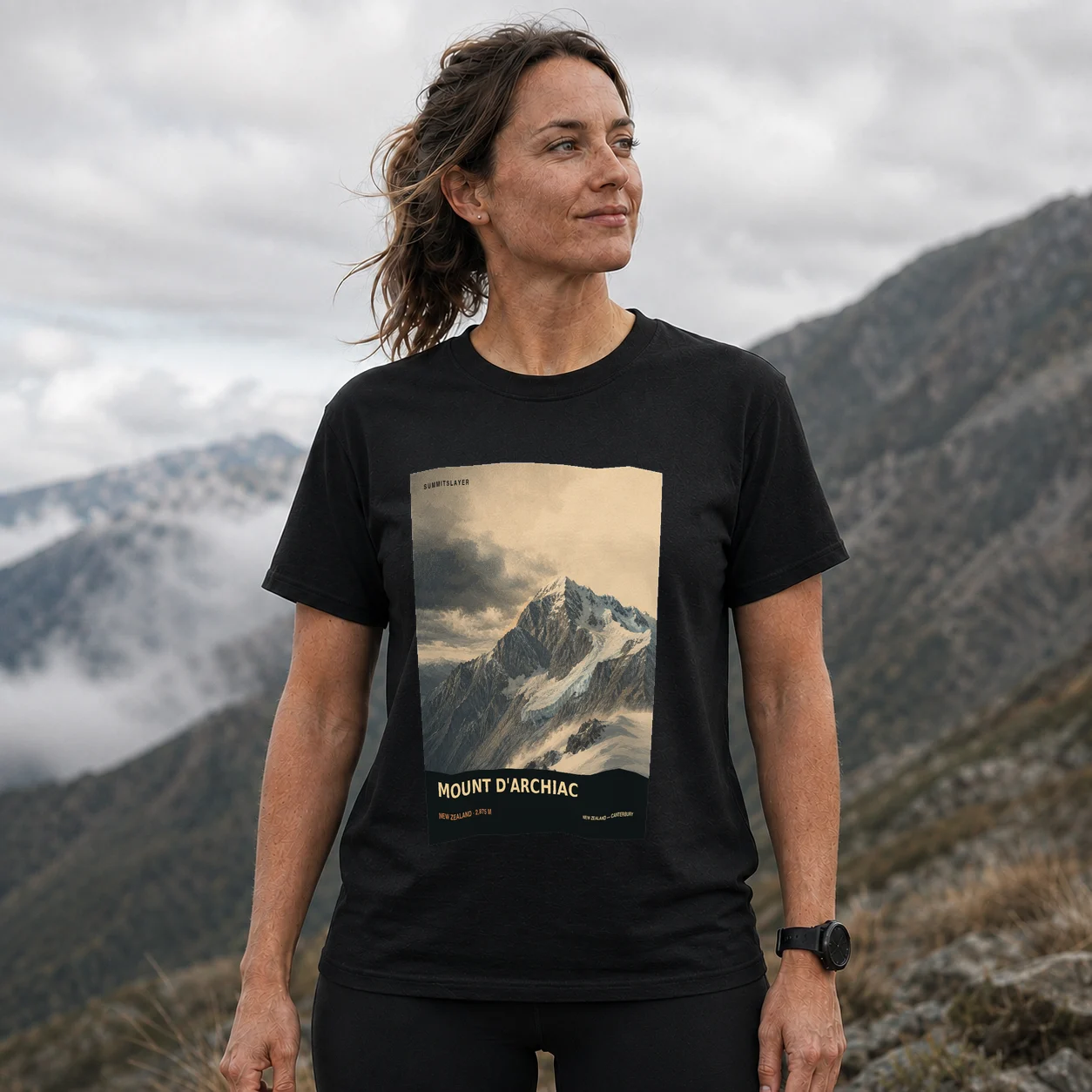 Black Mount D'Archiac T-shirt front with mountain artwork