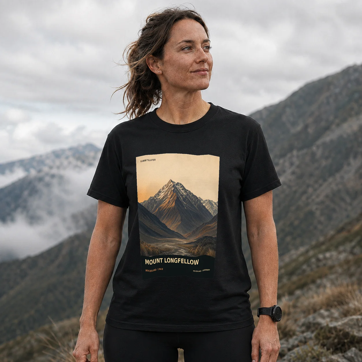 Black Mount Longfellow T-shirt front with mountain artwork