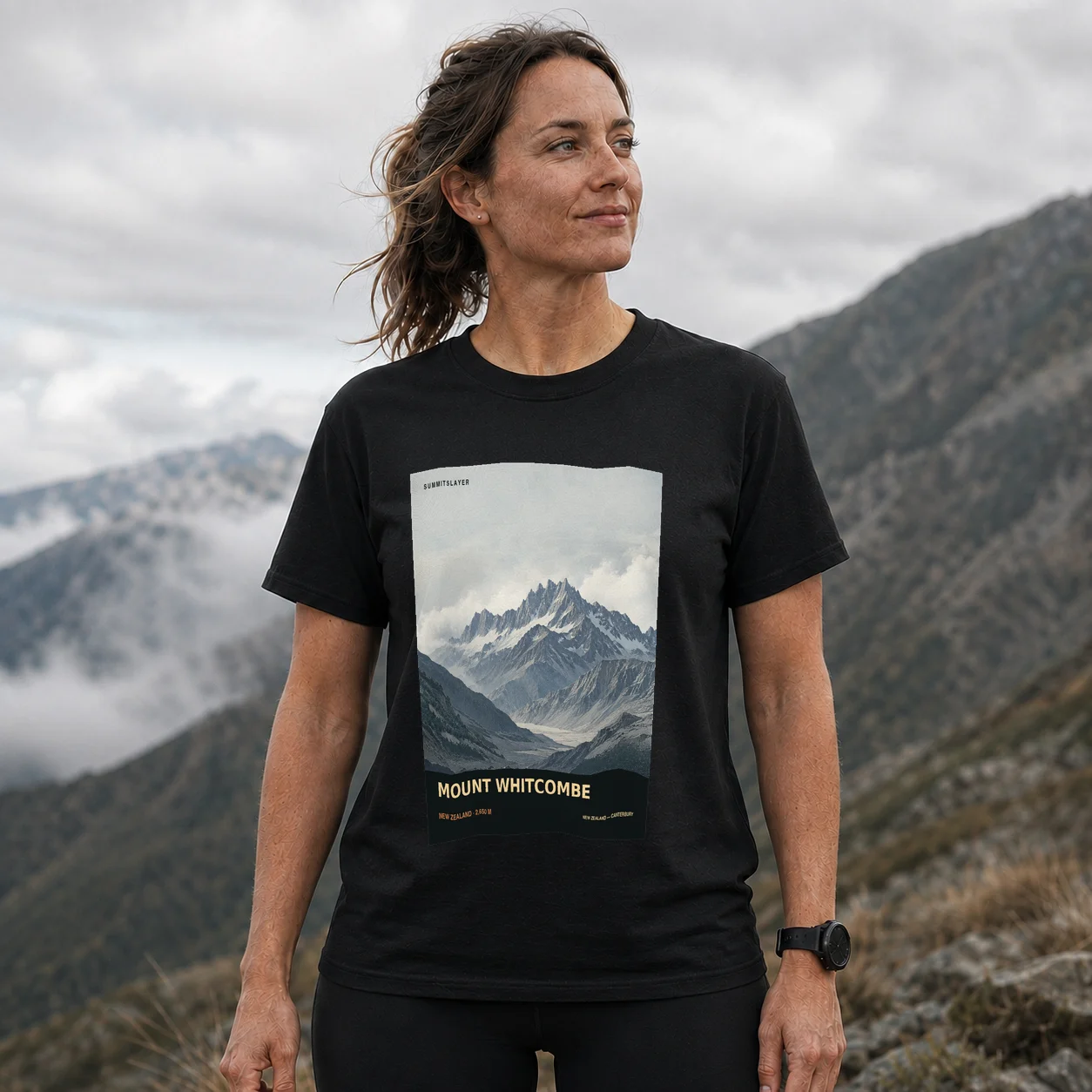 Black Mount Whitcombe T-shirt front with mountain artwork