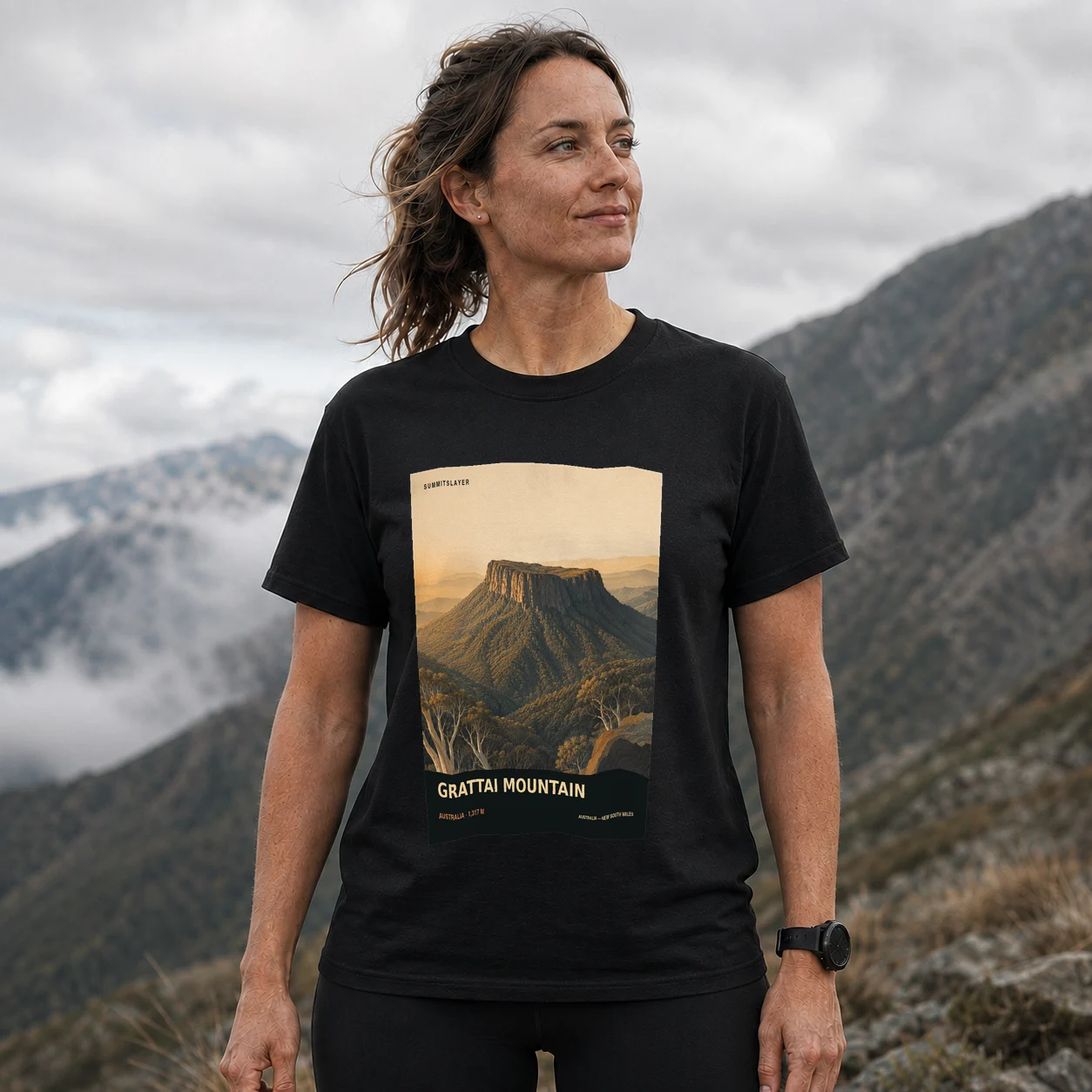 Black Grattai Mountain T-shirt front with mountain artwork