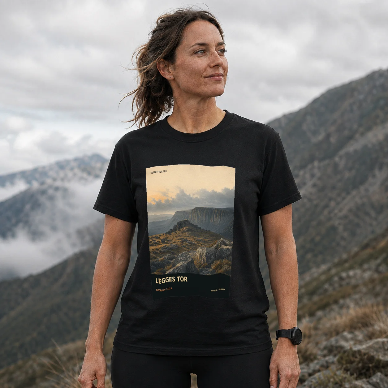 Black Legges Tor T-shirt front with mountain artwork