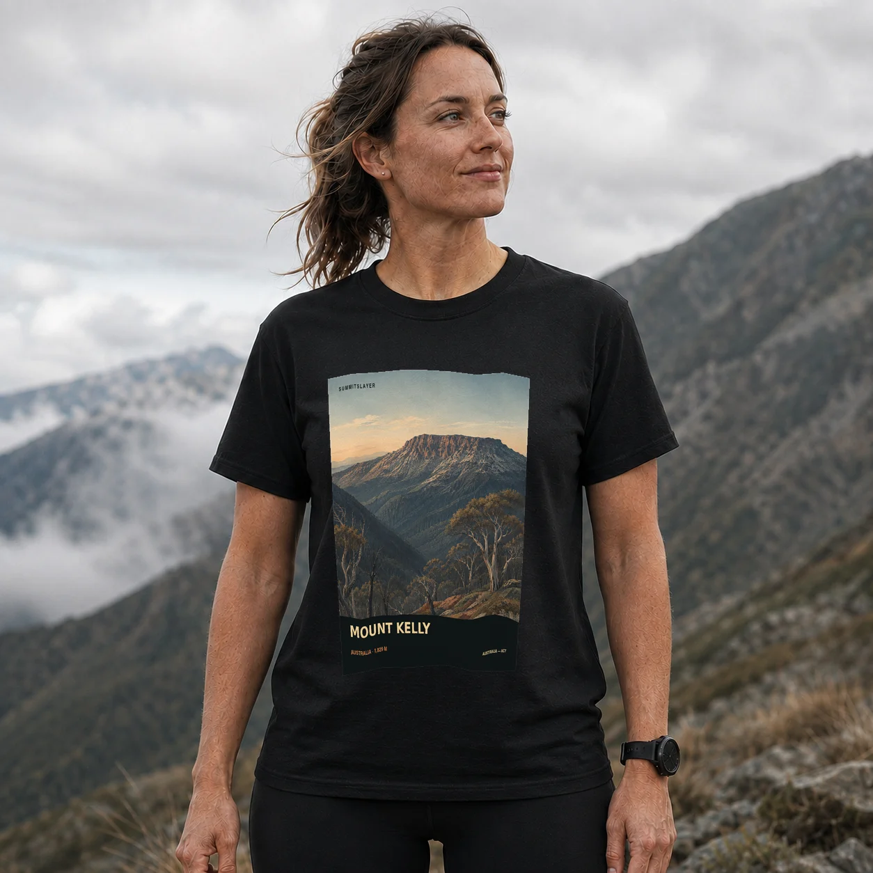Black Mount Kelly T-shirt front with mountain artwork