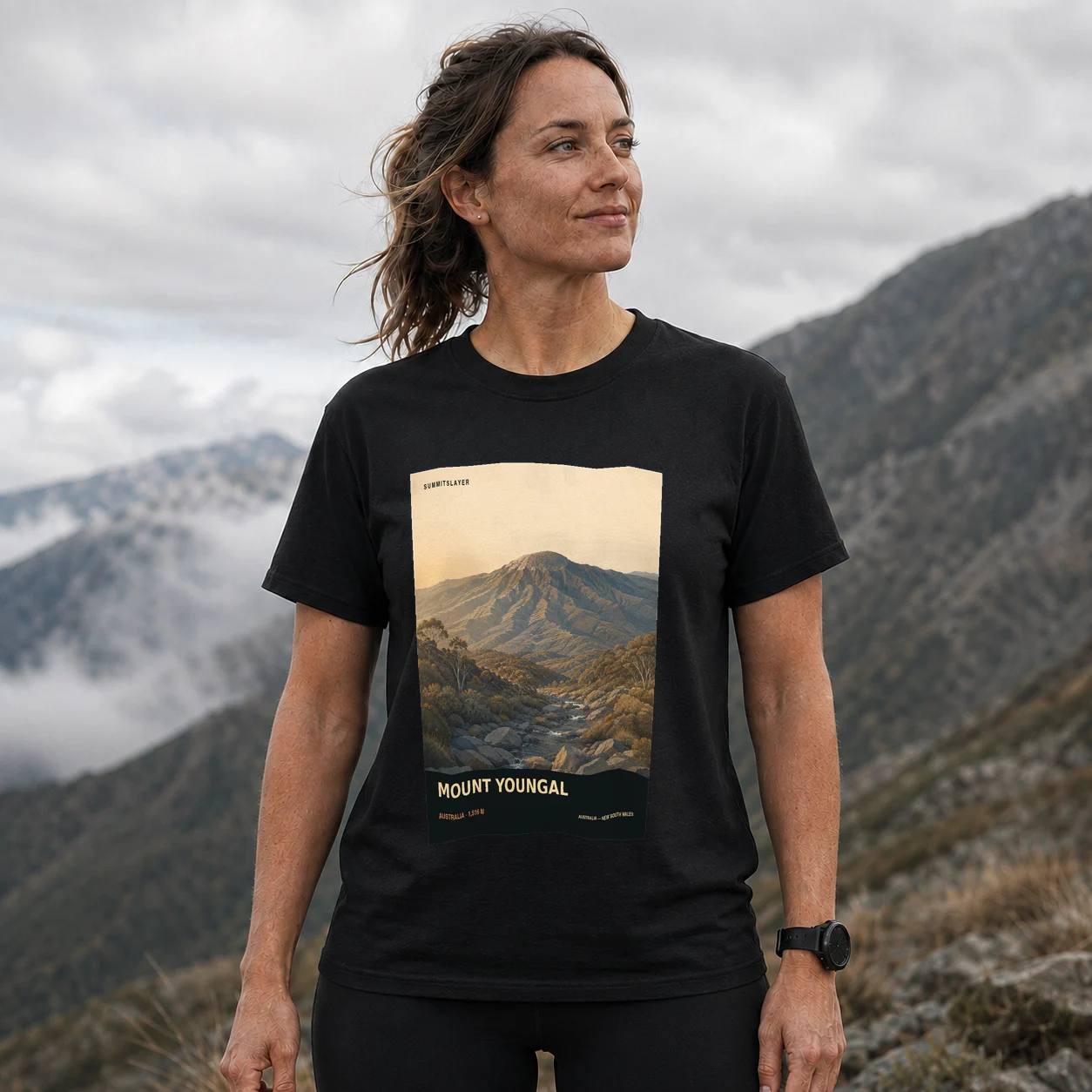 Black Mount Youngal T-shirt front with mountain artwork