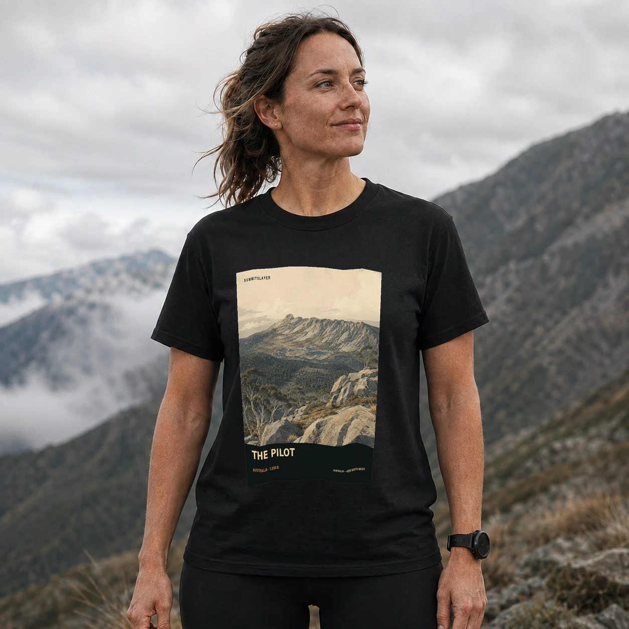 Black The Pilot T-shirt front with mountain artwork