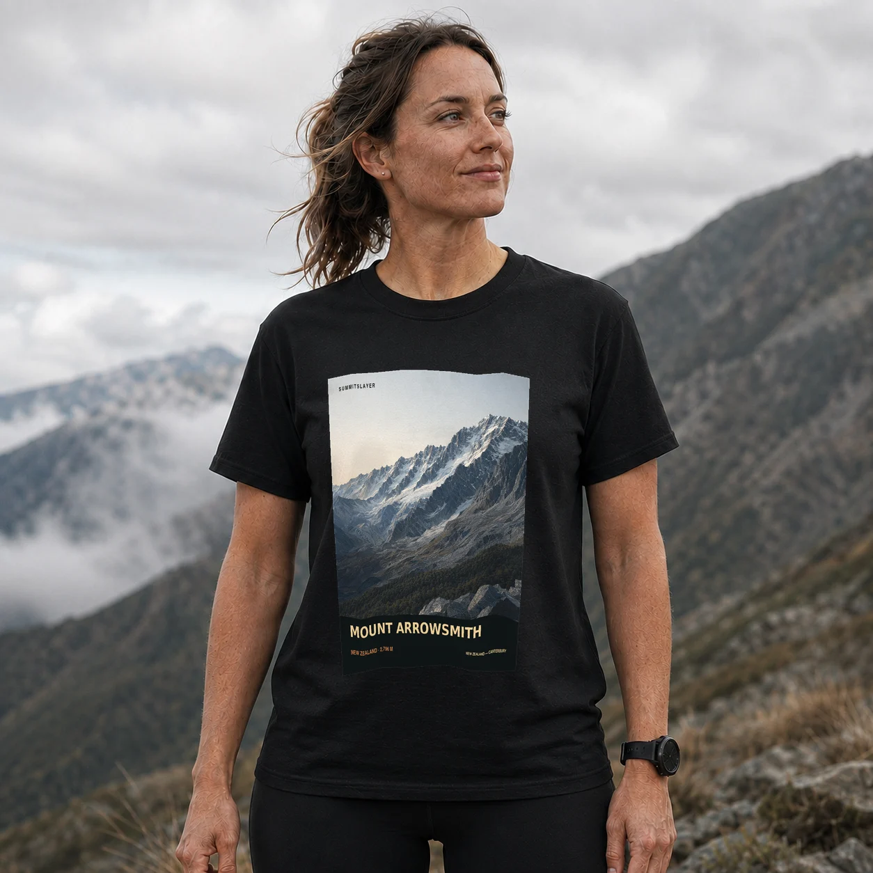 Black Mount Arrowsmith T-shirt front with mountain artwork